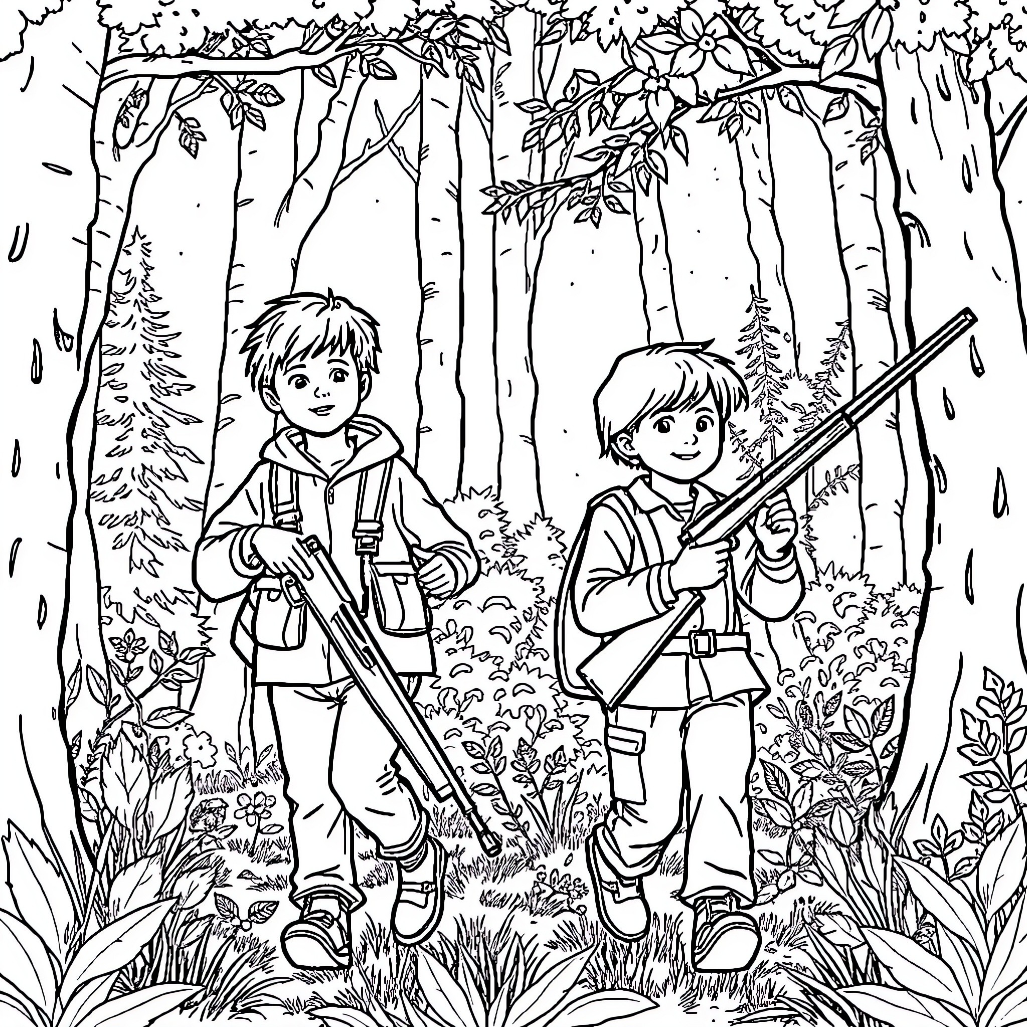 Child Explorers in the Enchanted Forest Coloring Page (free black-and-white line drawing printable PDF for all, from beginners to advanced learners, including children, teens, adults, and seniors)