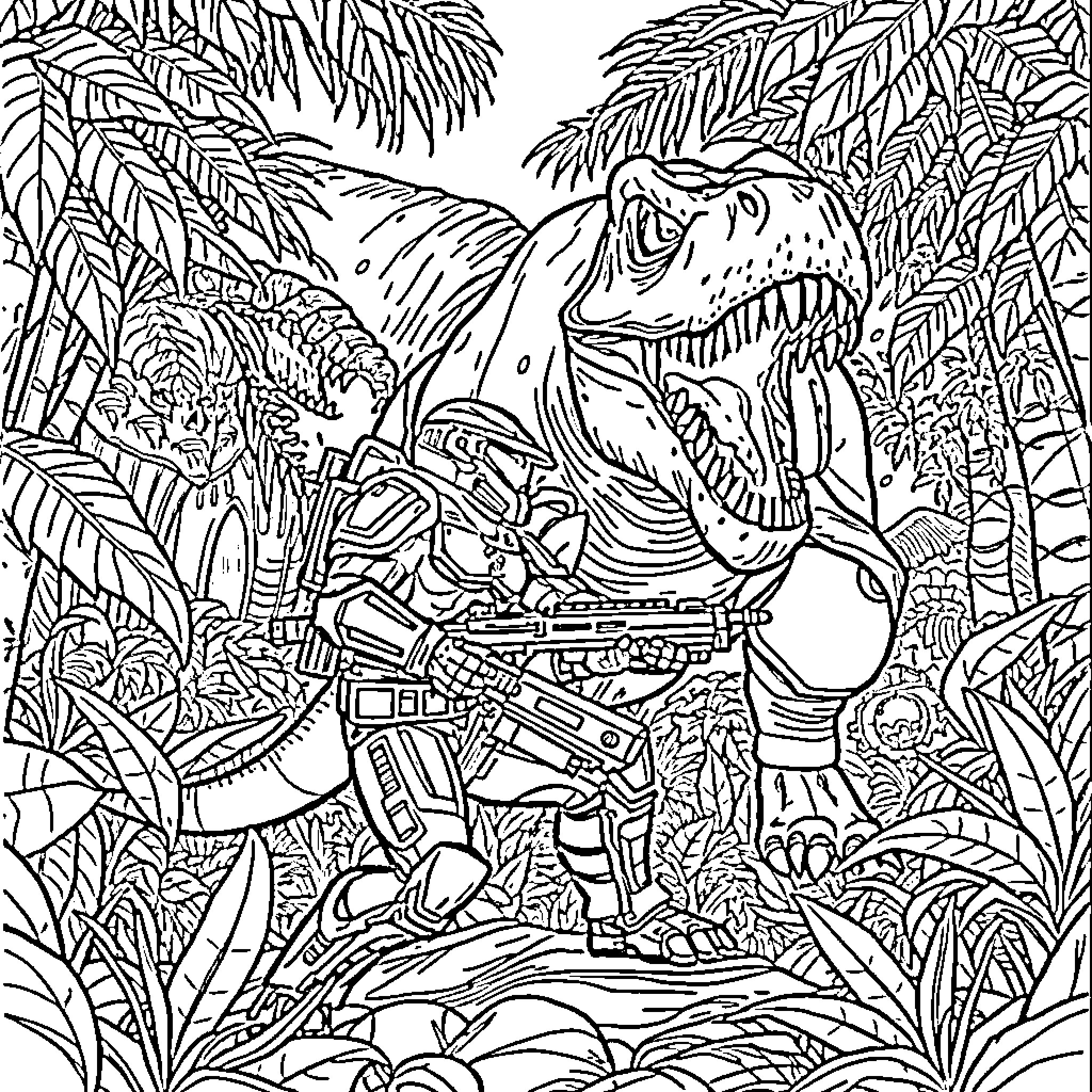 Master Chief battling dinosaurs in the jungle Coloring Page (free black-and-white line drawing printable PDF for all, from beginners to advanced learners, including children, teens, adults, and seniors)