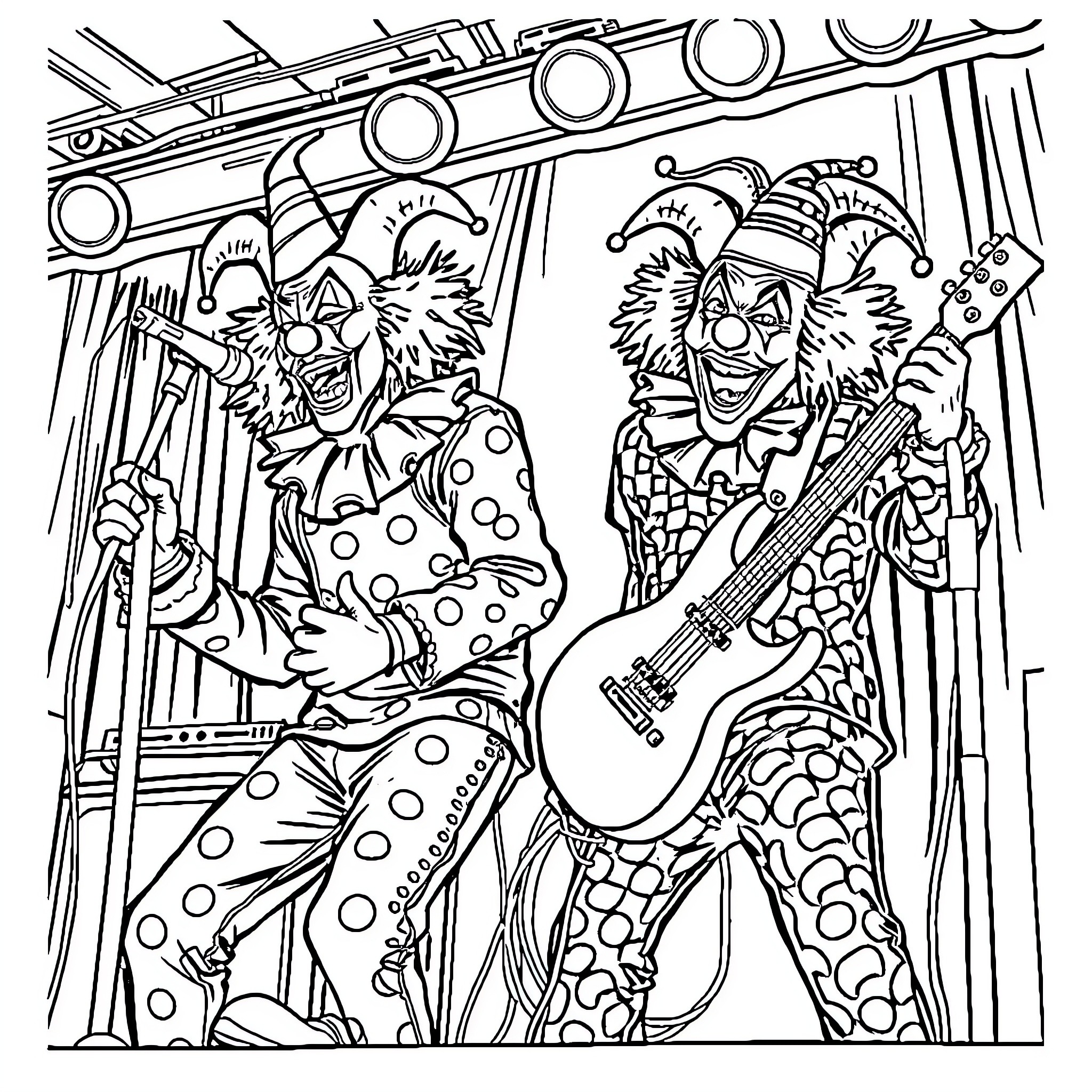 Clowns performing on stage with musical instruments Coloring Page (free black-and-white line drawing printable PDF for all, from beginners to advanced learners, including children, teens, adults, and seniors)