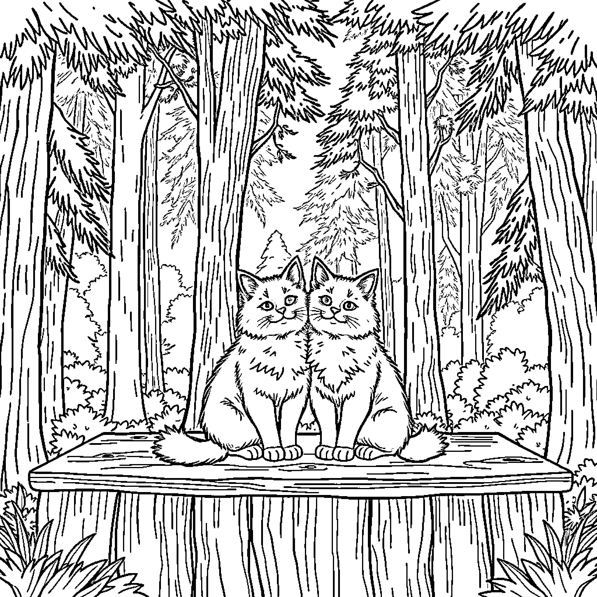 Cat Duo Resting on Wooden Platform in Forest Coloring Page (free black-and-white line drawing printable PDF for all, from beginners to advanced learners, including children, teens, adults, and seniors)