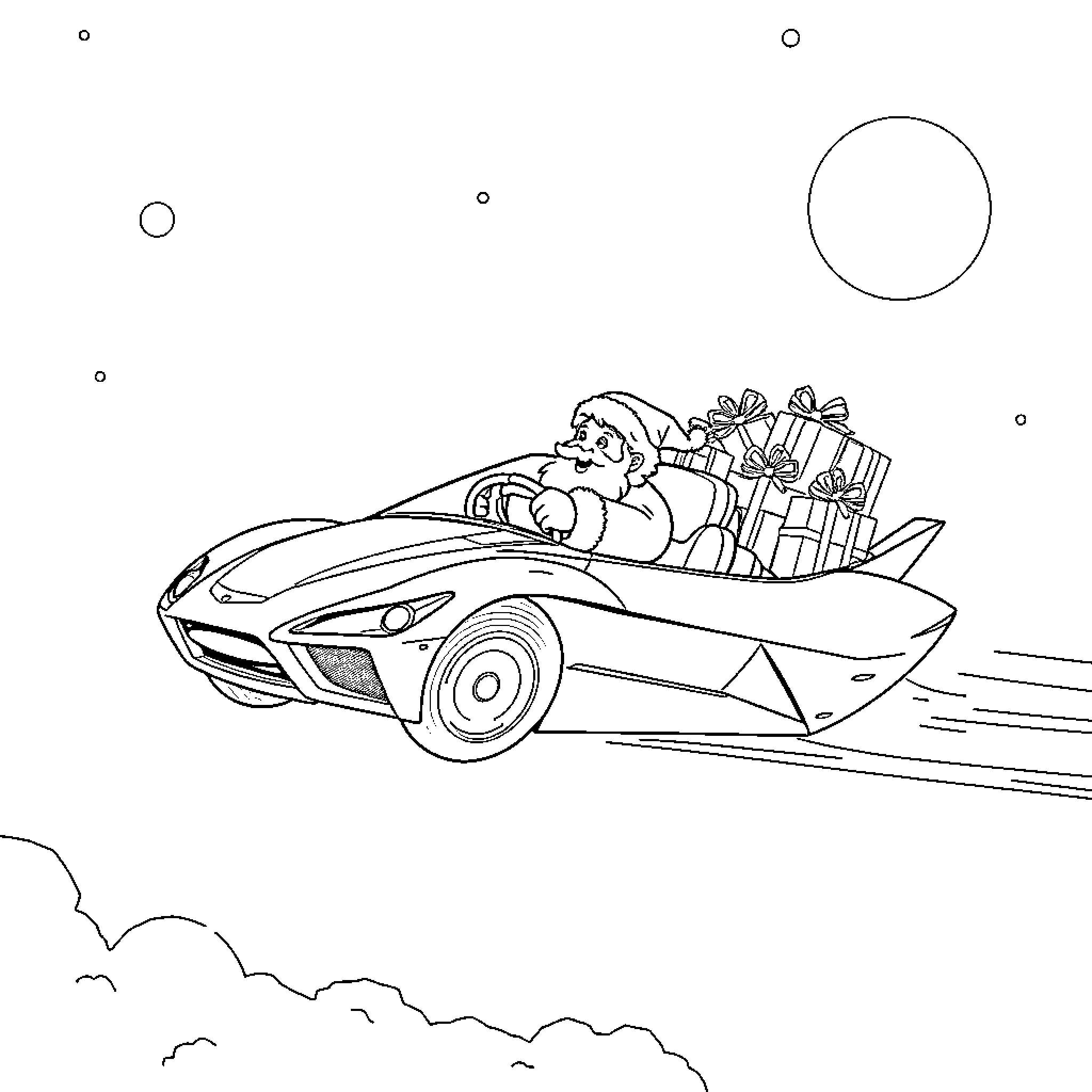 Car carrying gifts and passengers through the sky Coloring Page (free black-and-white line drawing printable PDF for all, from beginners to advanced learners, including children, teens, adults, and seniors)