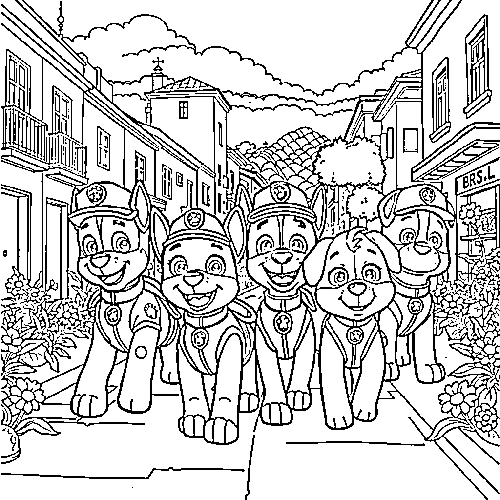 Paw Patrol team exploring the town Coloring Page (free black-and-white line drawing printable PDF for all, from beginners to advanced learners, including children, teens, adults, and seniors)