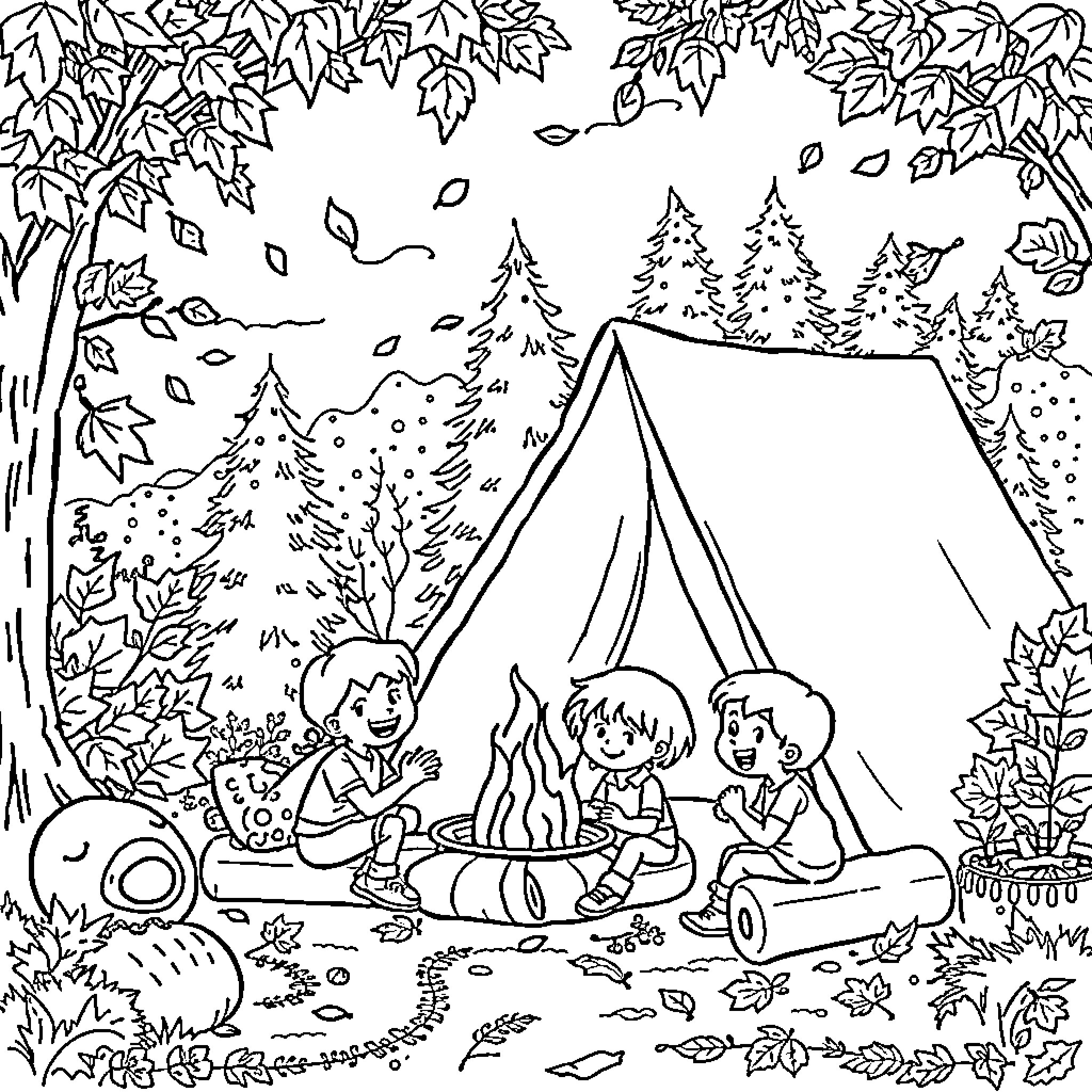 Kid's Outdoor Camping Adventure in the Woods Coloring Page (free black-and-white line drawing printable PDF for all, from beginners to advanced learners, including children, teens, adults, and seniors)