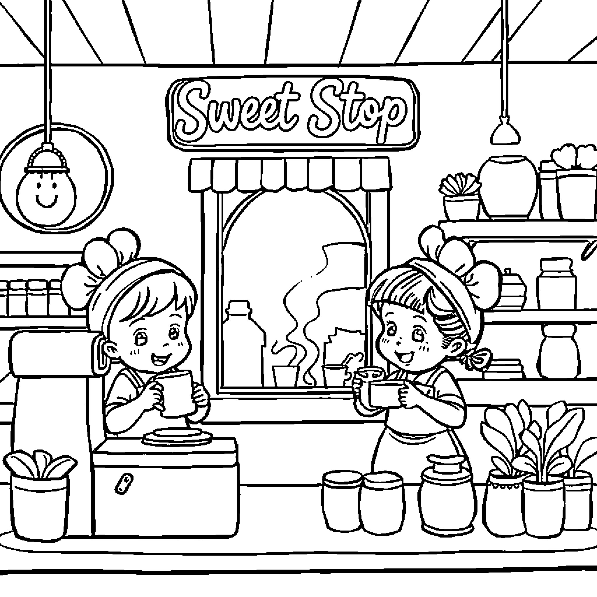 Baristas serving hot drinks at the Sweet Stop Coloring Page (free black-and-white line drawing printable PDF for all, from beginners to advanced learners, including children, teens, adults, and seniors)