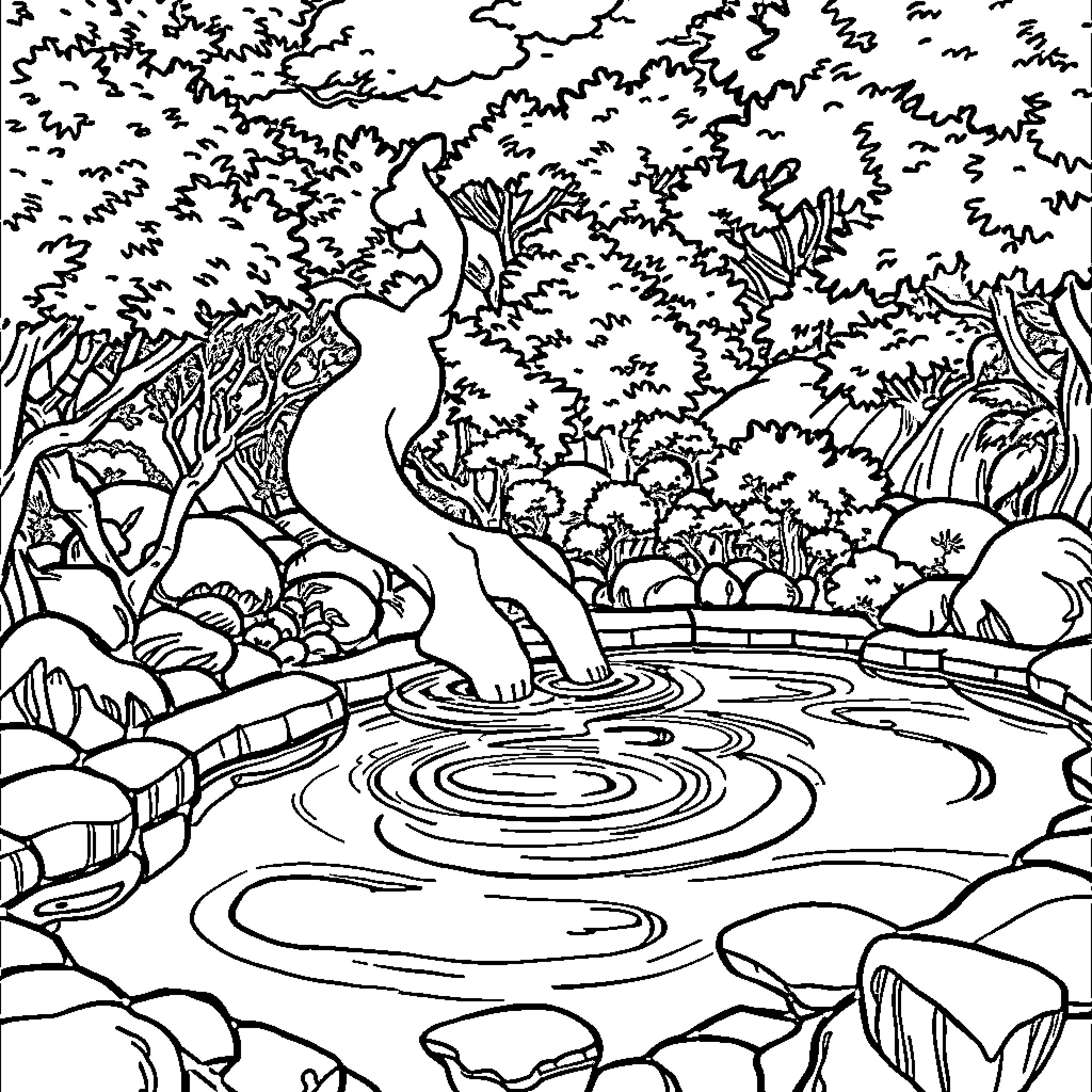 Hot Spring Relaxation in the Enchanted Forest Coloring Page (free black-and-white line drawing printable PDF for all, from beginners to advanced learners, including children, teens, adults, and seniors)