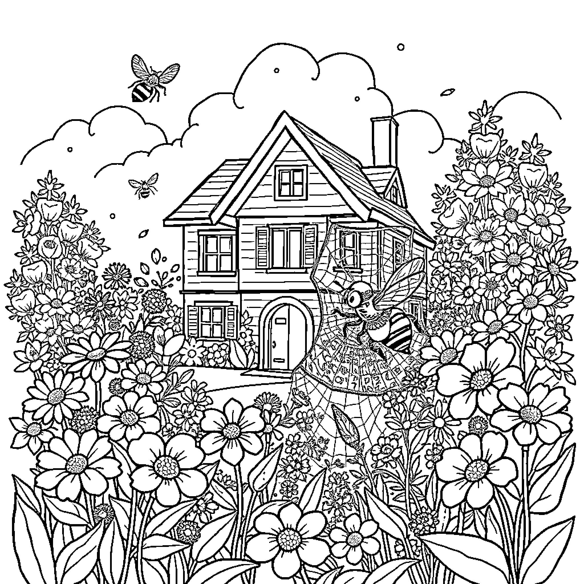 Bee-utiful Garden Cottage Coloring Page (free black-and-white line drawing printable PDF for all, from beginners to advanced learners, including children, teens, adults, and seniors)