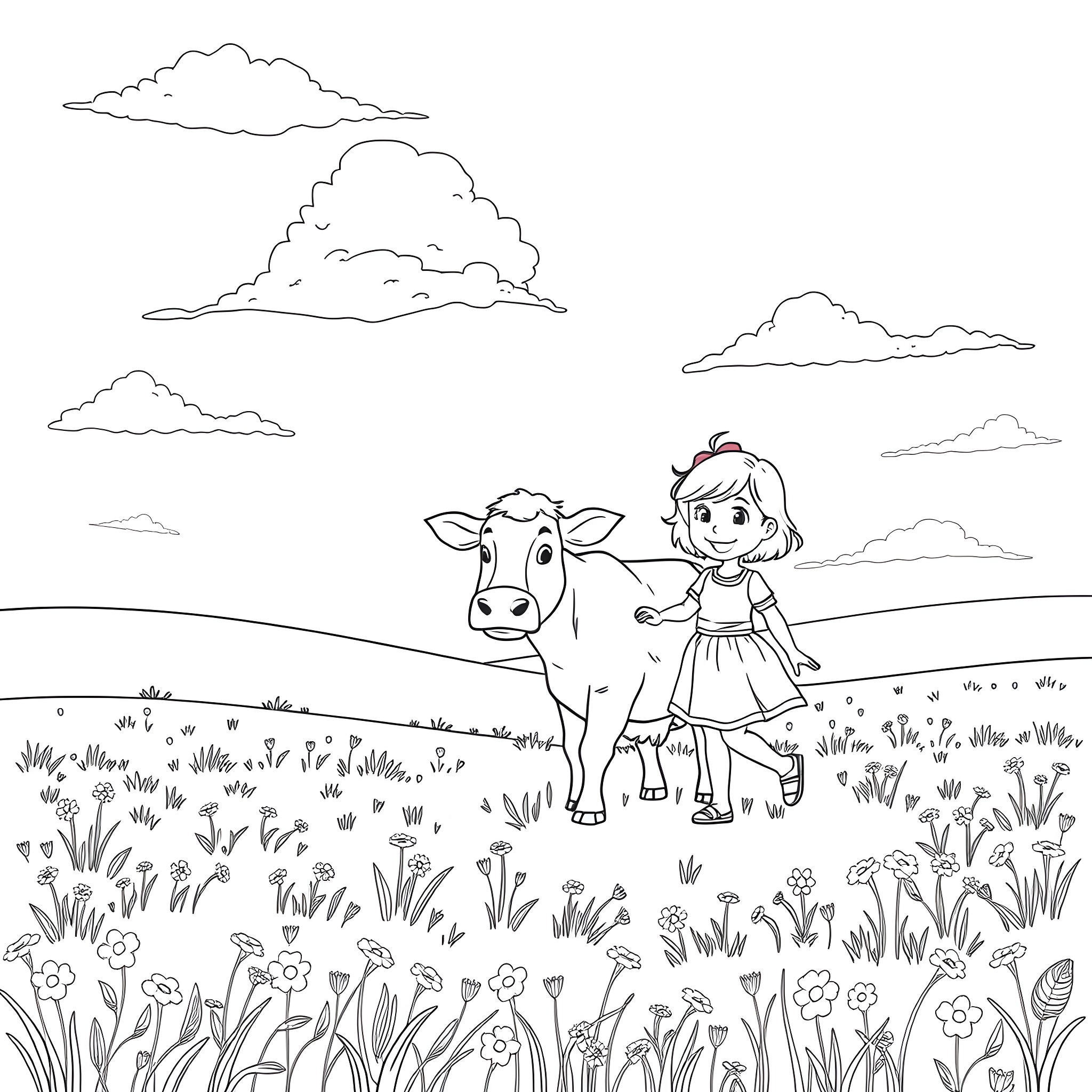 Kid playing happily with a cow in the field Coloring Page (free black-and-white line drawing printable PDF for all, from beginners to advanced learners, including children, teens, adults, and seniors)
