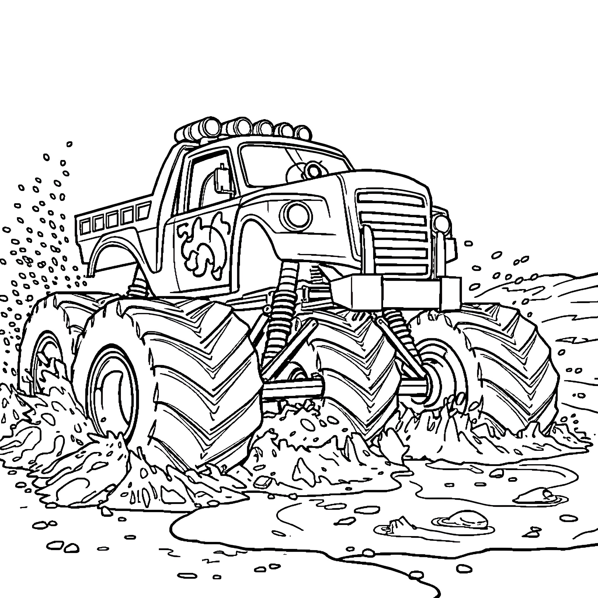 Monster Truck Crushing Obstacles on the Rugged Terrain Coloring Page (free black-and-white line drawing printable PDF for all, from beginners to advanced learners, including children, teens, adults, and seniors)