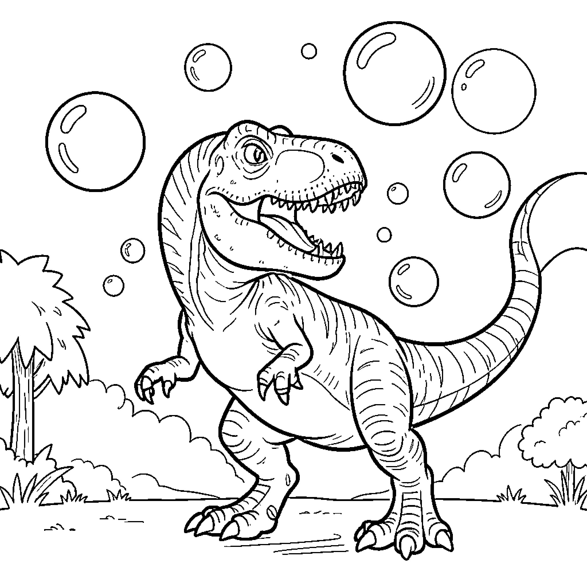 Acrocanthosaurus standing amidst floating bubbles in nature Coloring Page (free black-and-white line drawing printable PDF for all, from beginners to advanced learners, including children, teens, adults, and seniors)