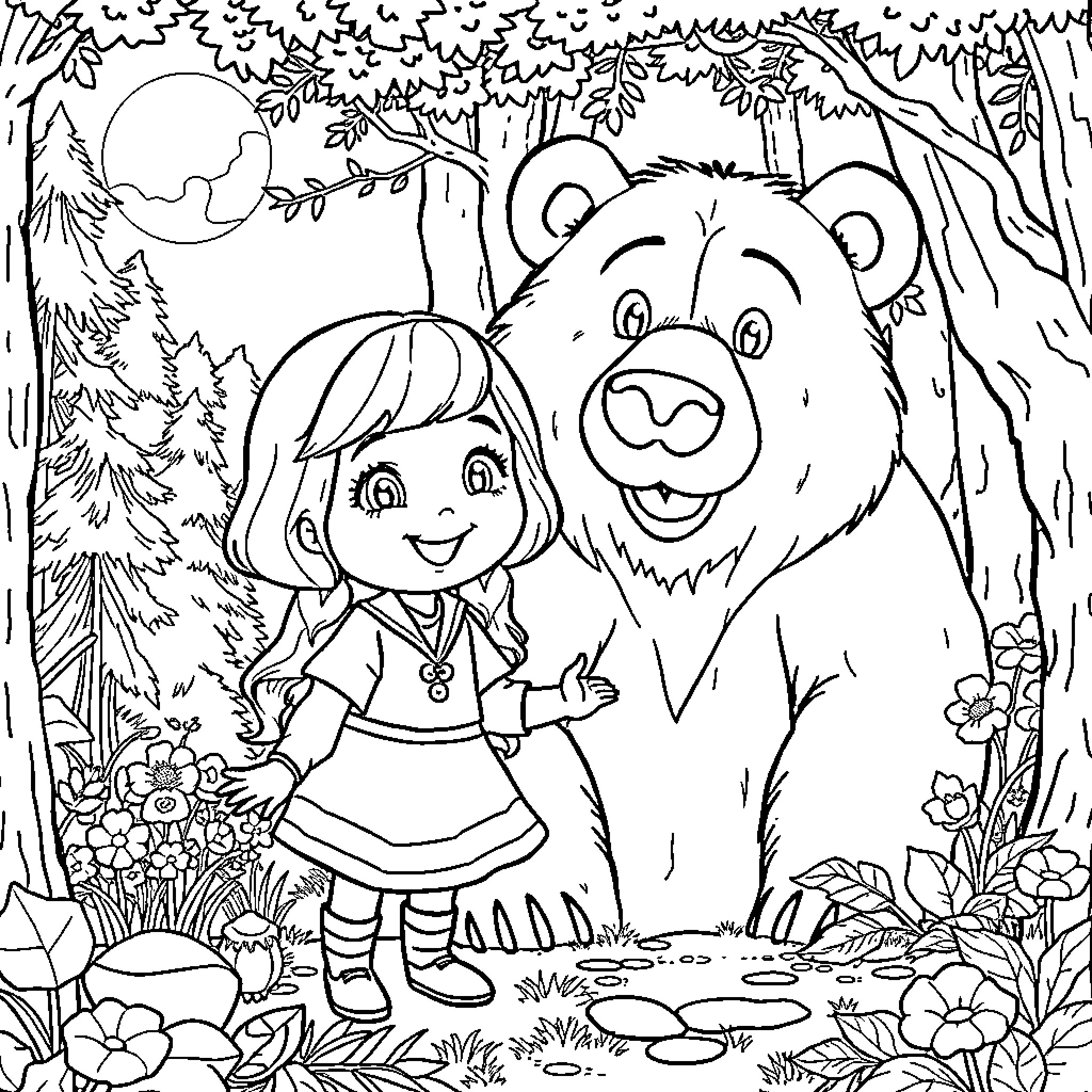 Masha and her bear friend in the enchanting forest Coloring Page (free black-and-white line drawing printable PDF for all, from beginners to advanced learners, including children, teens, adults, and seniors)
