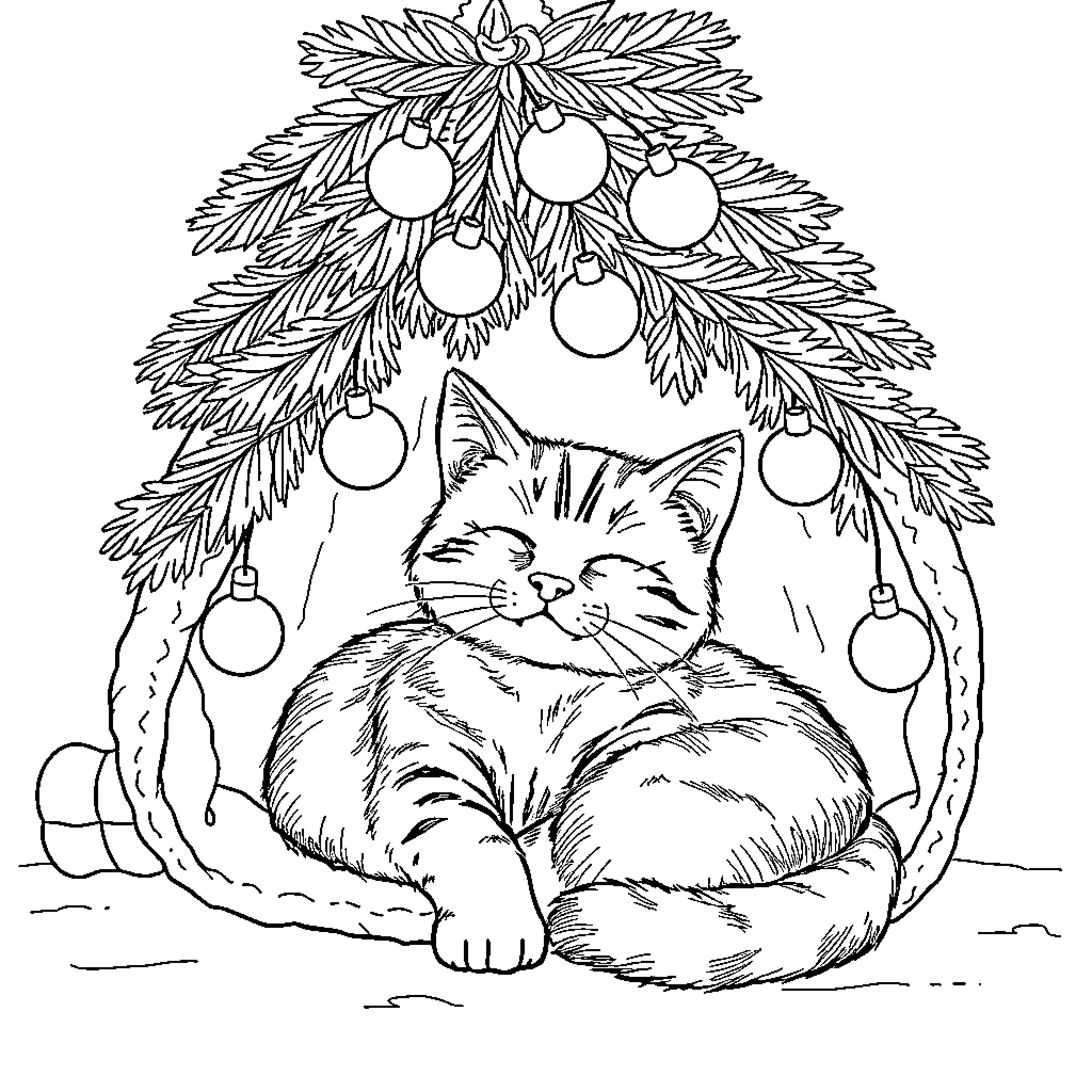 Cat relaxing under Christmas tree Coloring Page (free black-and-white line drawing printable PDF for all, from beginners to advanced learners, including children, teens, adults, and seniors)