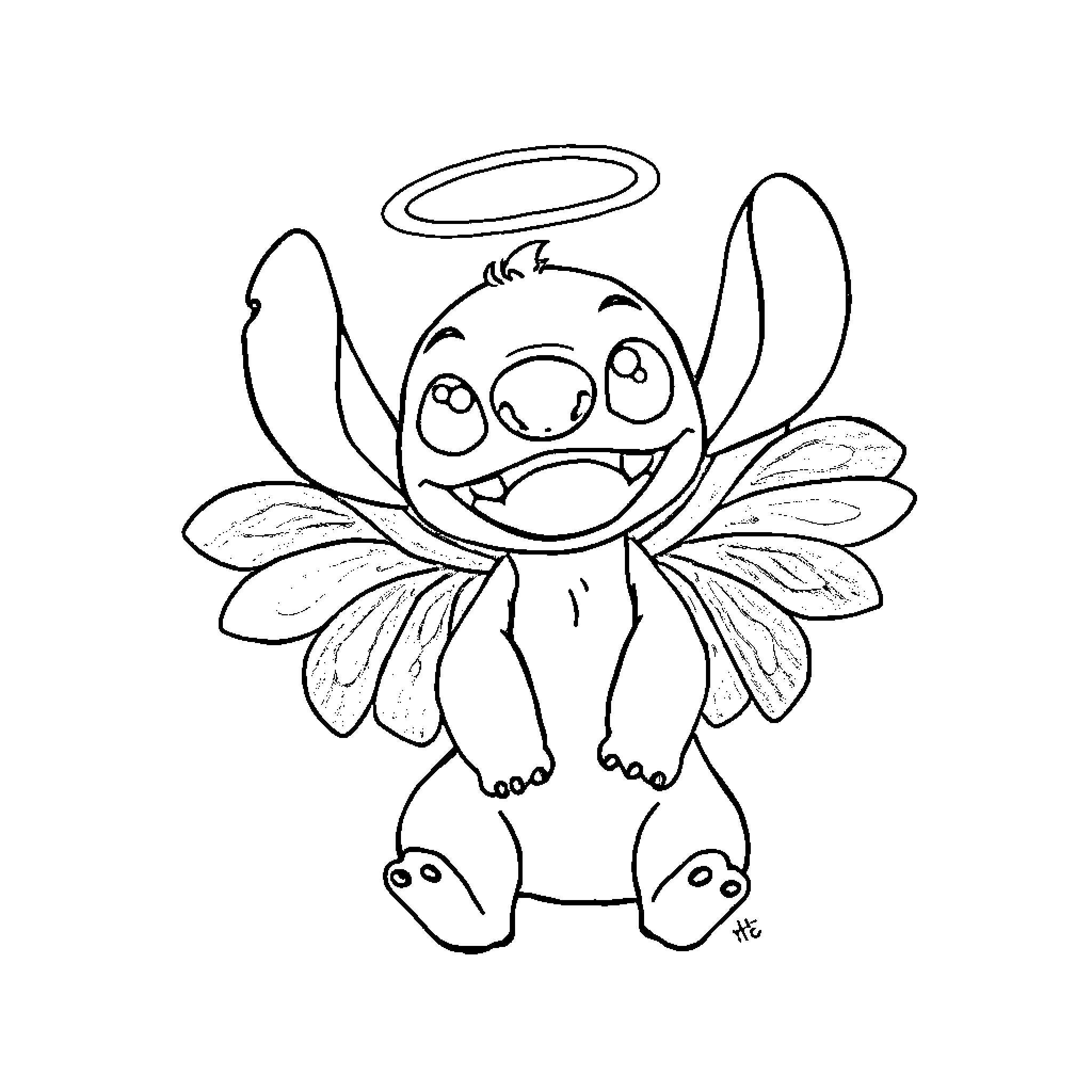 Angel Stitch with Halo and Wings Coloring Page (free black-and-white line drawing printable PDF for all, from beginners to advanced learners, including children, teens, adults, and seniors)