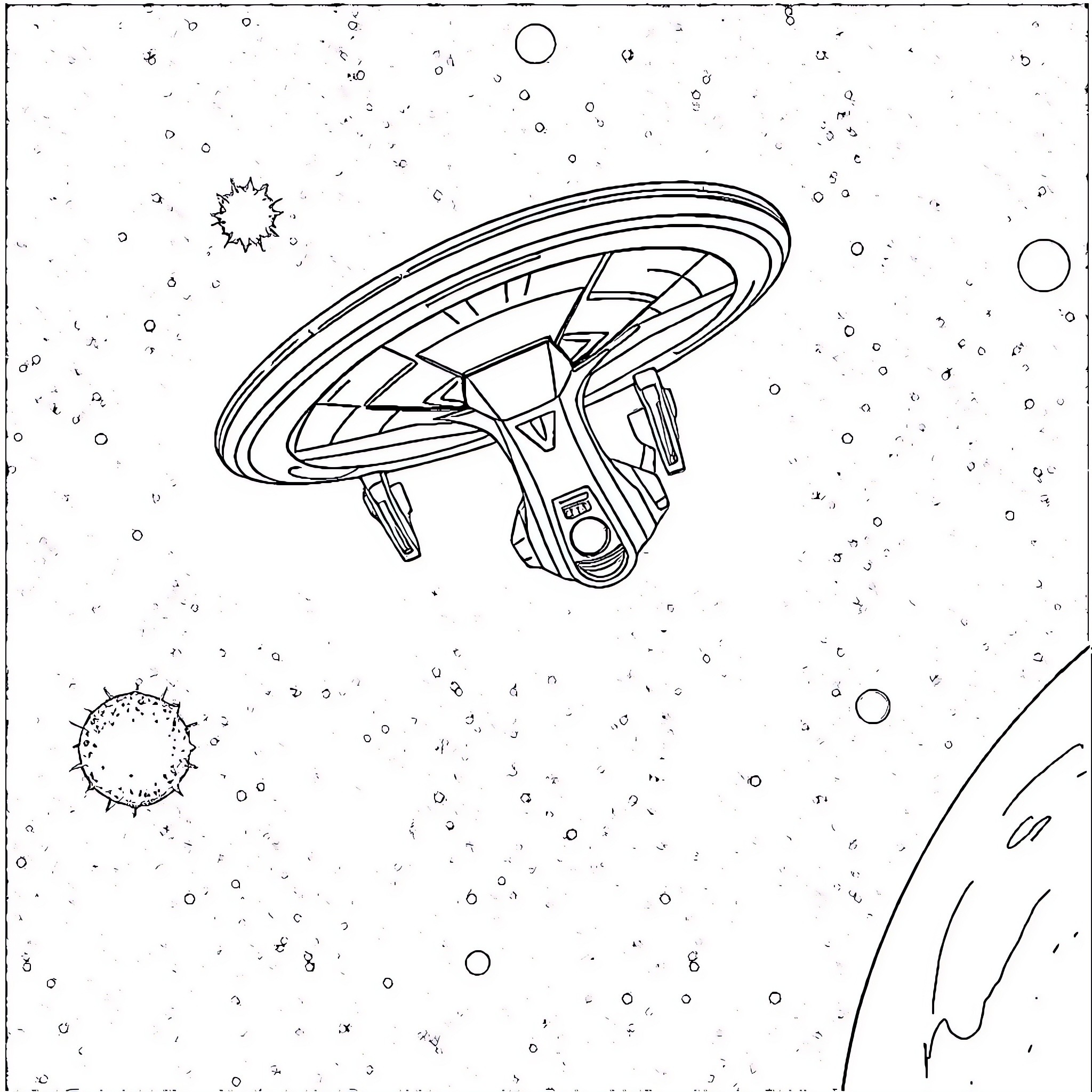 Starship exploring the cosmic expanse Coloring Page (free black-and-white line drawing printable PDF for all, from beginners to advanced learners, including children, teens, adults, and seniors)