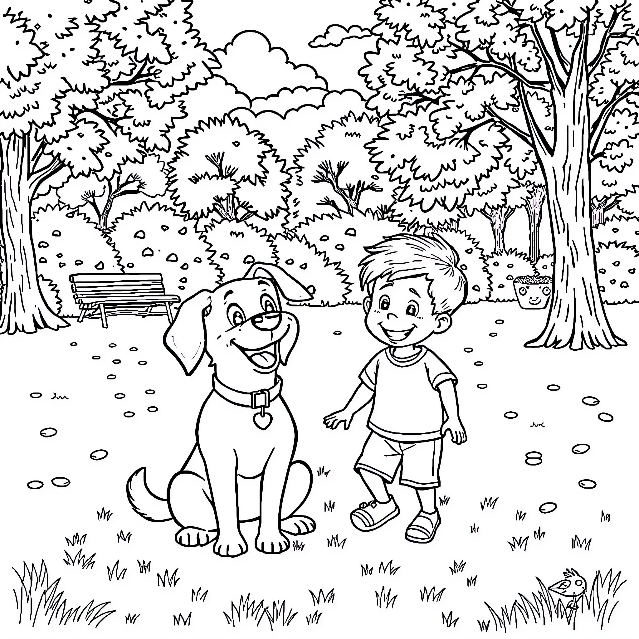 Dog and boy playing together in the park Coloring Page (free black-and-white line drawing printable PDF for all, from beginners to advanced learners, including children, teens, adults, and seniors)
