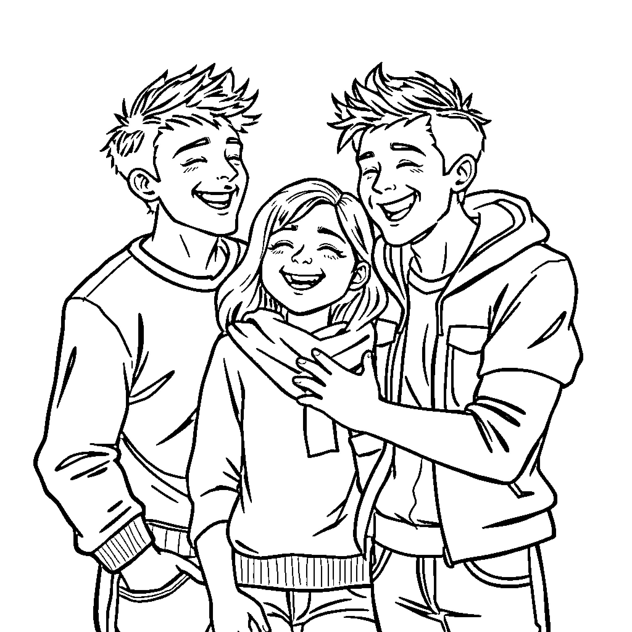 Guy and Girl Embracing Happily with Friend Coloring Page (free black-and-white line drawing printable PDF for all, from beginners to advanced learners, including children, teens, adults, and seniors)