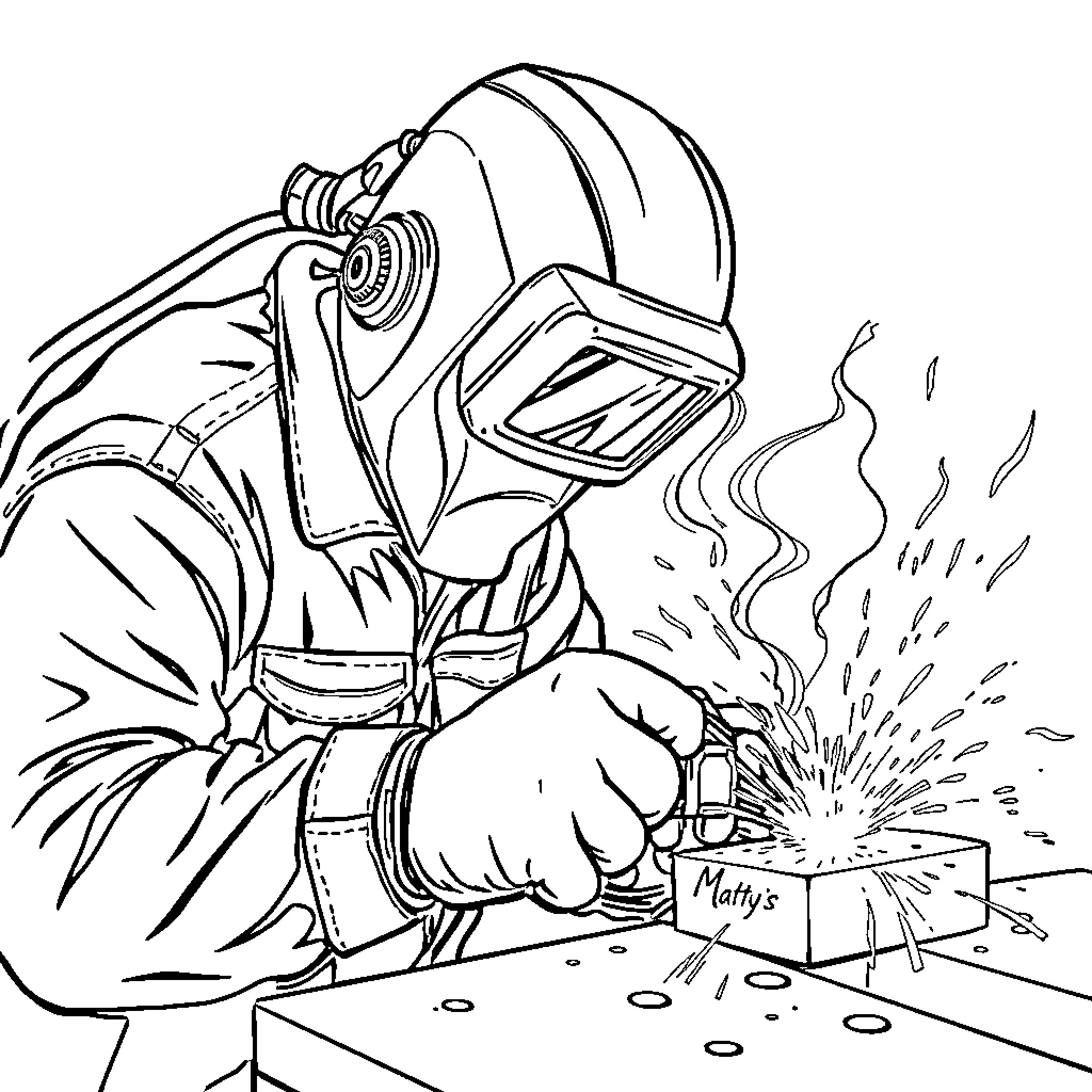 Welder working diligently on metal construction Coloring Page (free black-and-white line drawing printable PDF for all, from beginners to advanced learners, including children, teens, adults, and seniors)