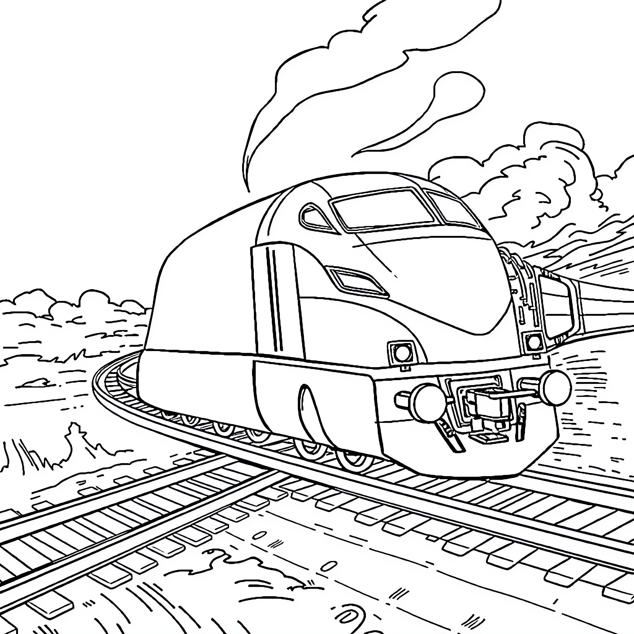 Train speeding through the countryside Coloring Page (free black-and-white line drawing printable PDF for all, from beginners to advanced learners, including children, teens, adults, and seniors)