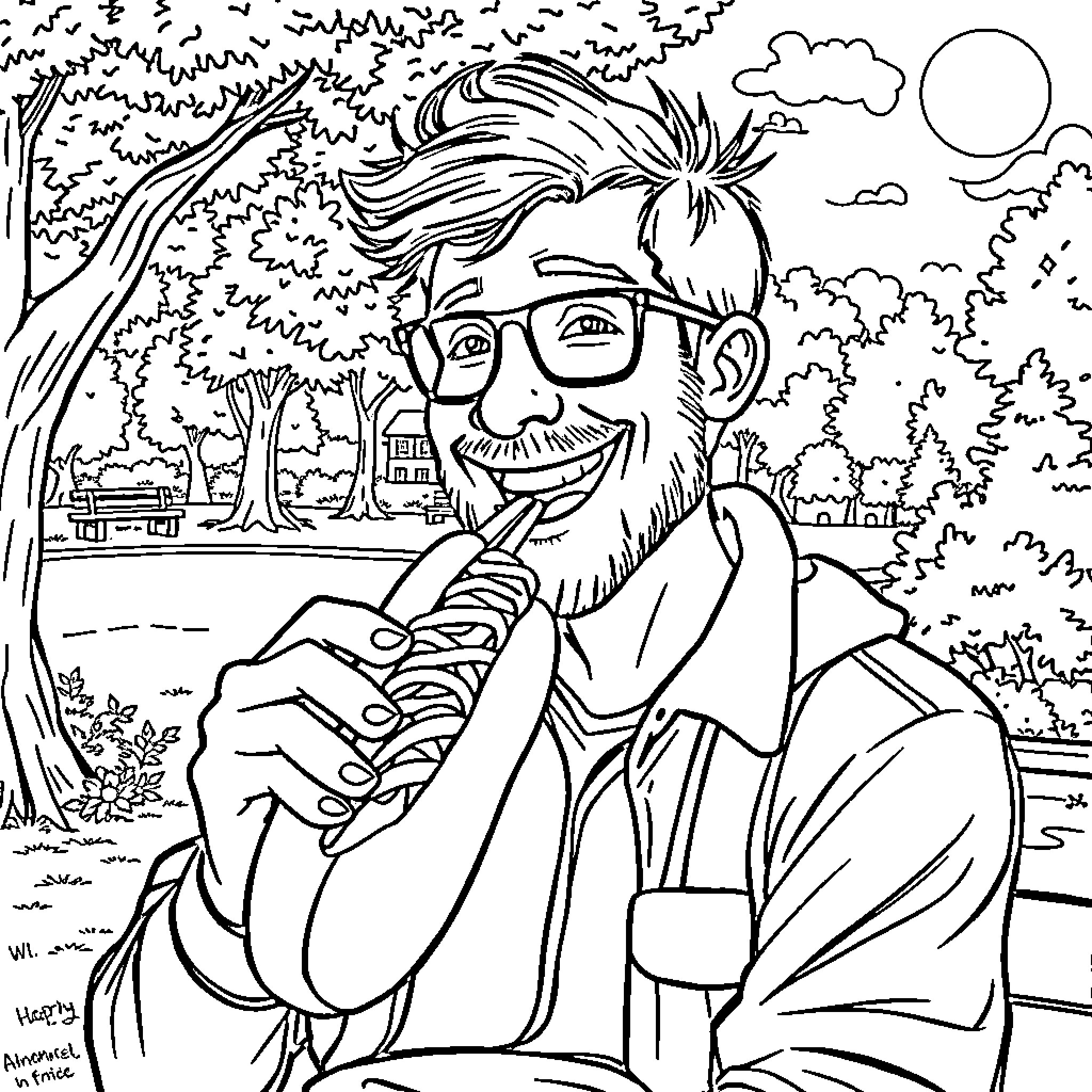 Dude reading a book in the park Coloring Page (free black-and-white line drawing printable PDF for all, from beginners to advanced learners, including children, teens, adults, and seniors)