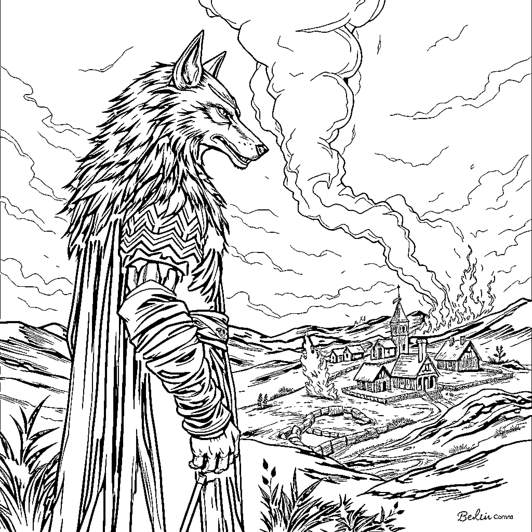 Elias, the Shapeshifting Guardian Surveying the Village Coloring Page (free black-and-white line drawing printable PDF for all, from beginners to advanced learners, including children, teens, adults, and seniors)