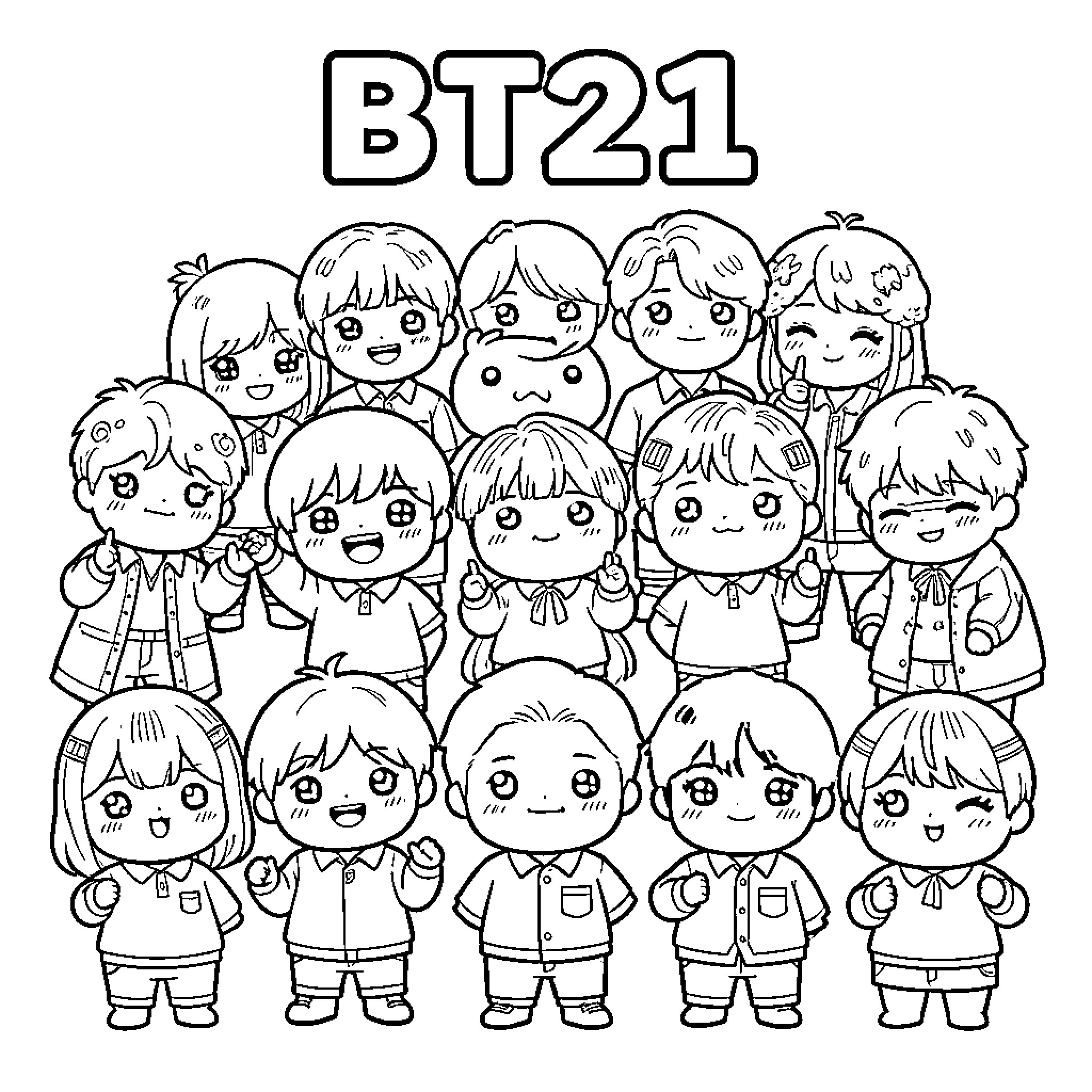 BT21 characters expressing various emotions and poses Coloring Page (free black-and-white line drawing printable PDF for all, from beginners to advanced learners, including children, teens, adults, and seniors)