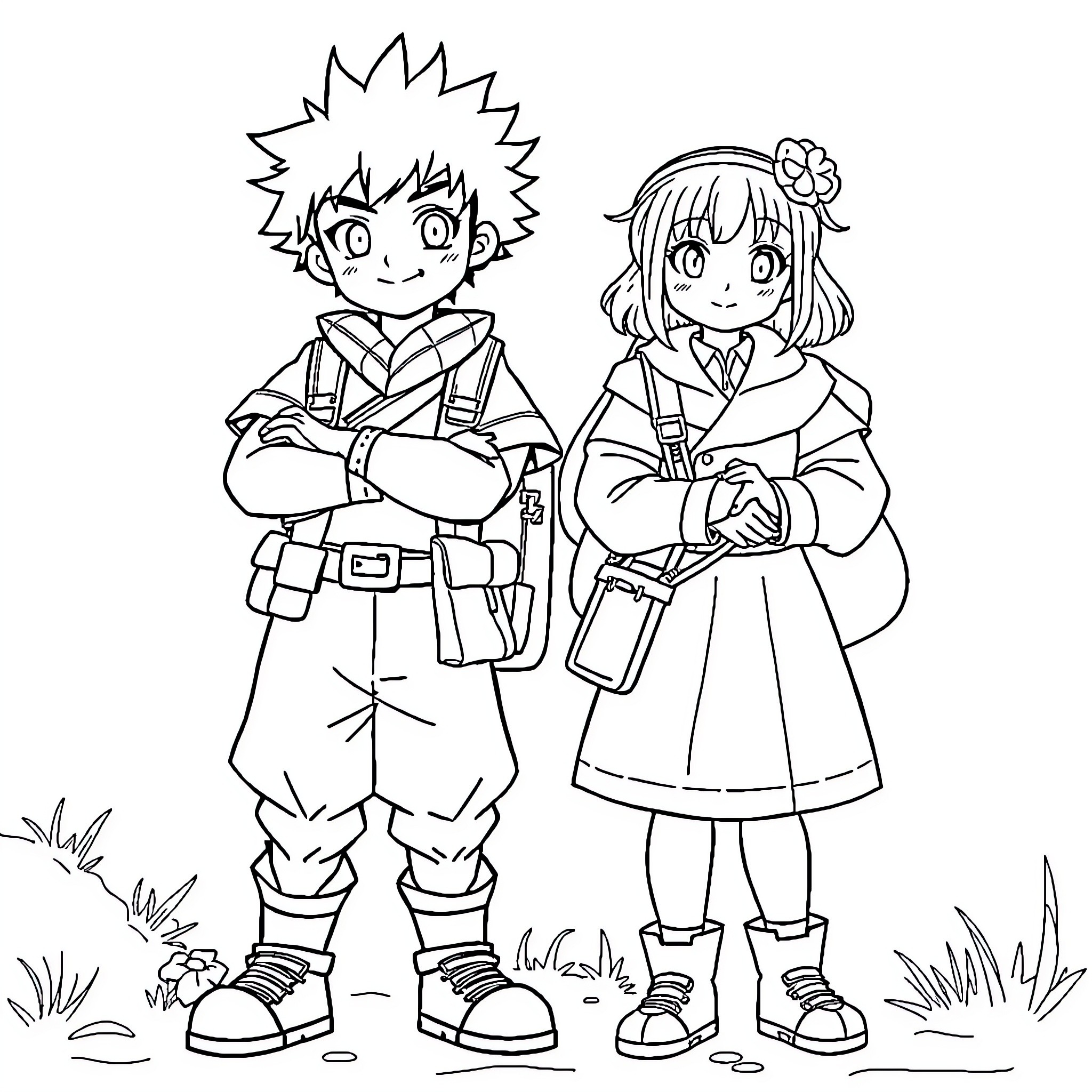Tanjiro and Nezuko in Traditional Attire Coloring Page (free black-and-white line drawing printable PDF for all, from beginners to advanced learners, including children, teens, adults, and seniors)