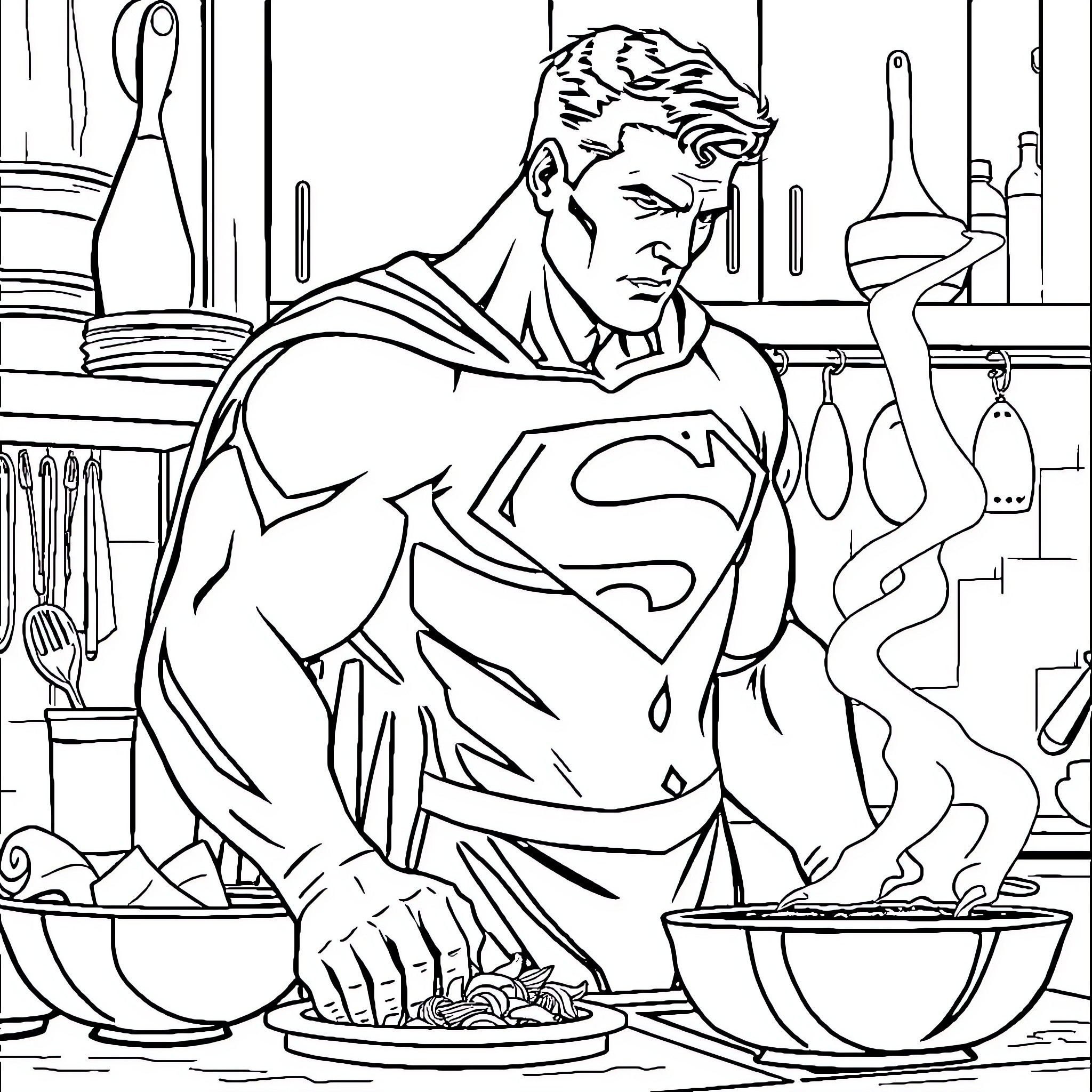 Superman preparing a meal in a kitchen Coloring Page (free black-and-white line drawing printable PDF for all, from beginners to advanced learners, including children, teens, adults, and seniors)