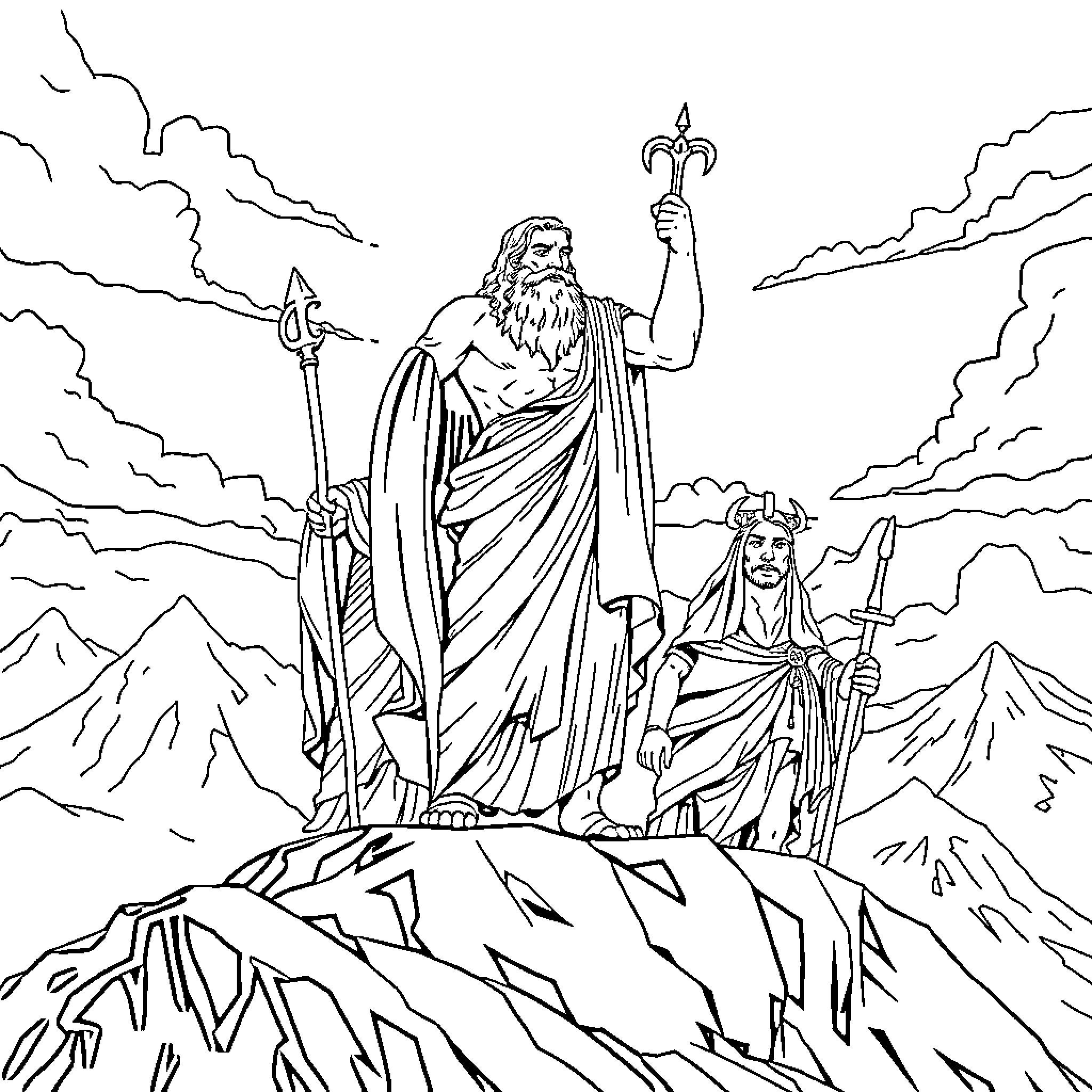 Zeus and Athena in Majestic Mountainous Landscape Coloring Page (free black-and-white line drawing printable PDF for all, from beginners to advanced learners, including children, teens, adults, and seniors)