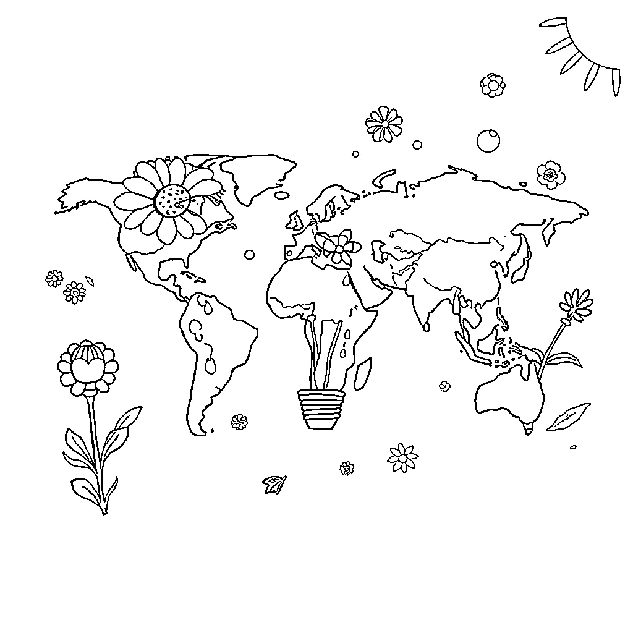 Anything Flowers and Nature Decorate the World Map Coloring Page (free black-and-white line drawing printable PDF for all, from beginners to advanced learners, including children, teens, adults, and seniors)