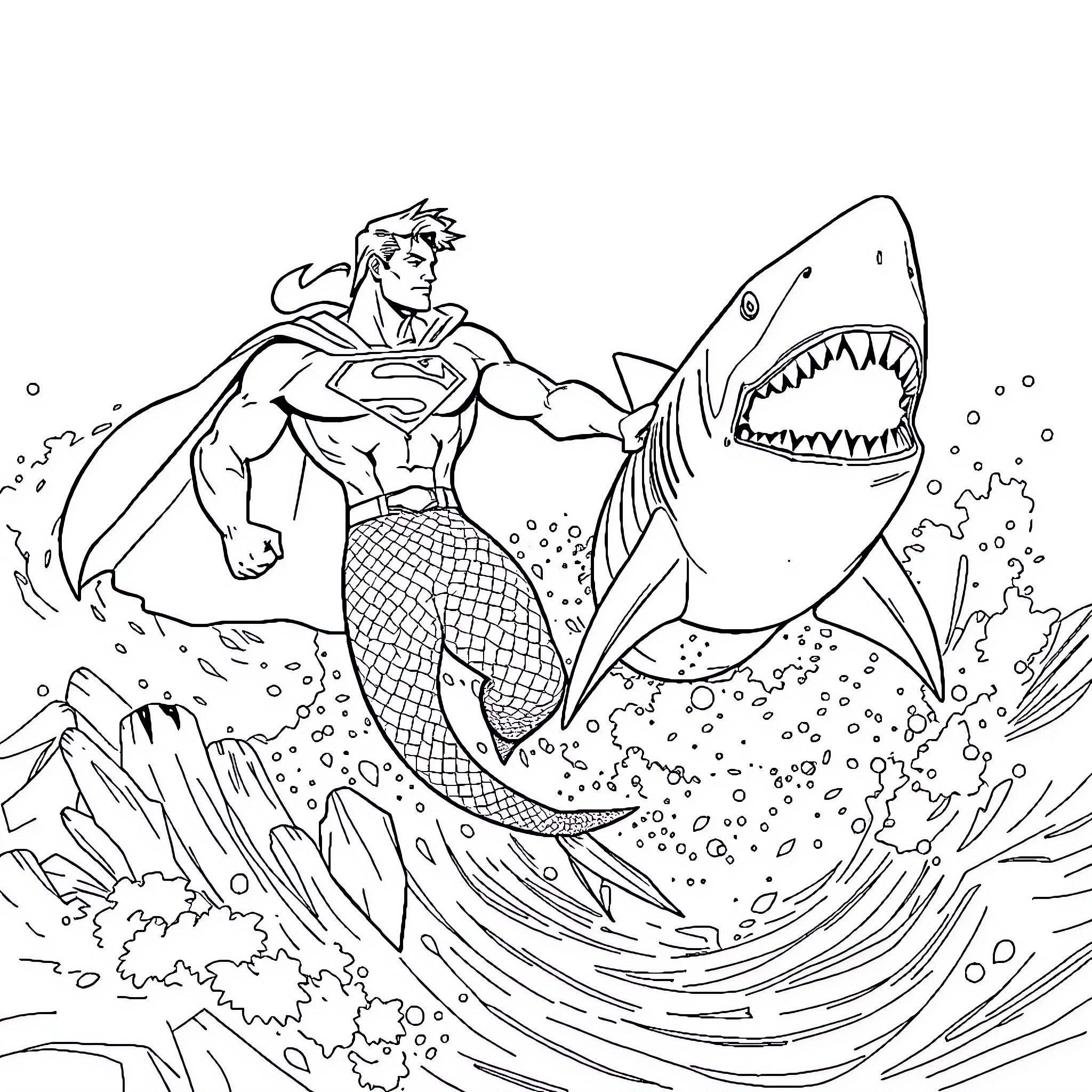 Superman fighting a giant shark under the sea Coloring Page (free black-and-white line drawing printable PDF for all, from beginners to advanced learners, including children, teens, adults, and seniors)
