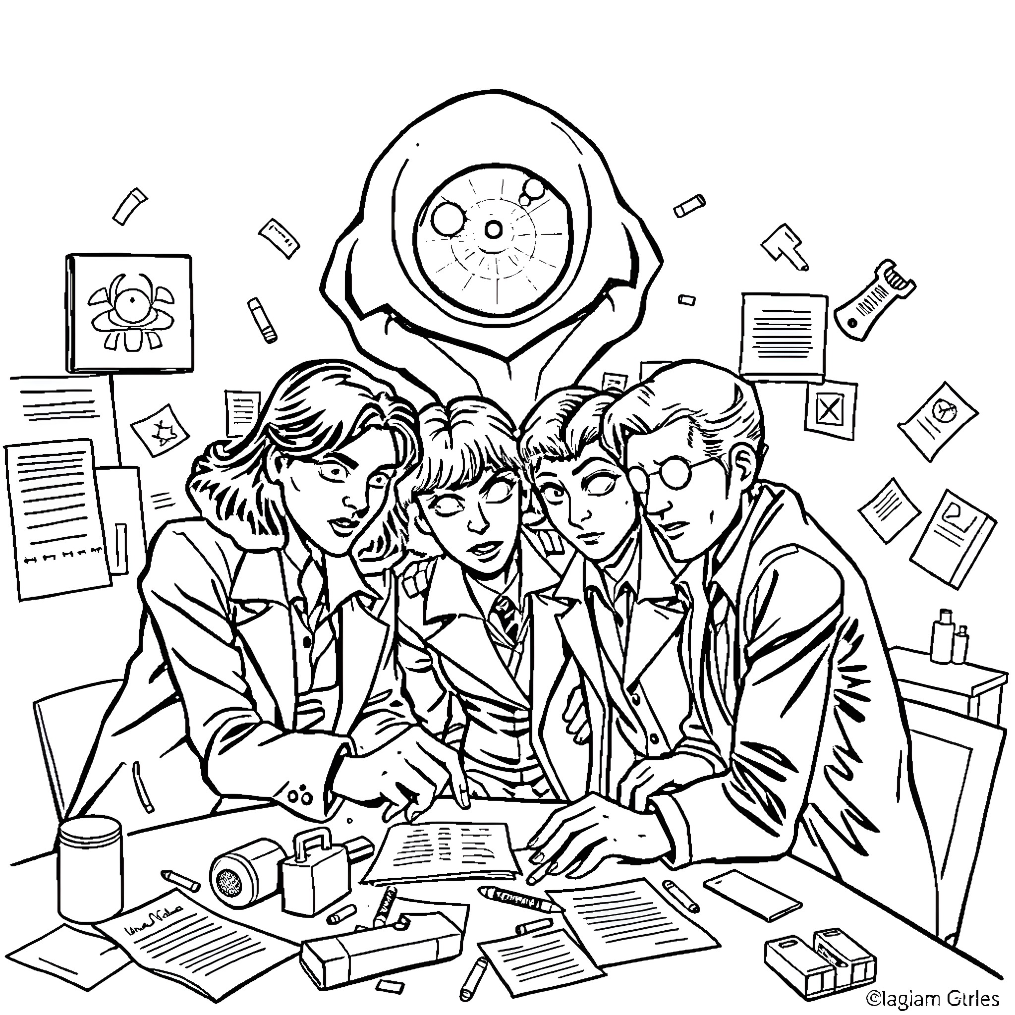 Cyclops inspects files with team in cluttered office Coloring Page (free black-and-white line drawing printable PDF for all, from beginners to advanced learners, including children, teens, adults, and seniors)