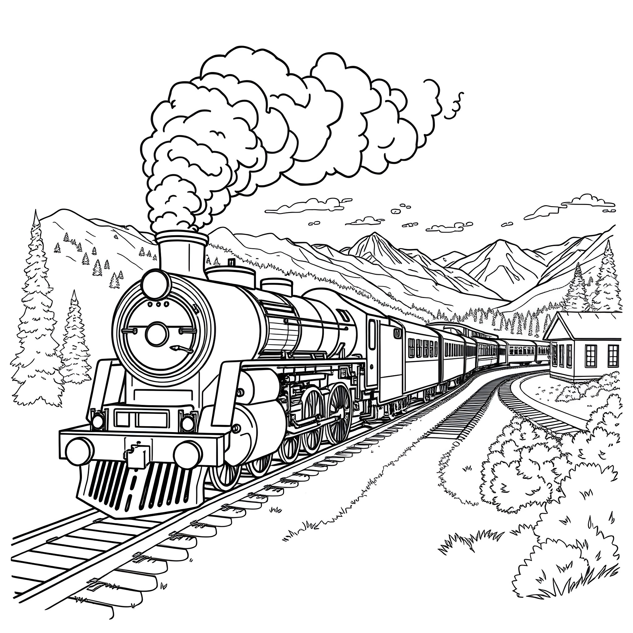 Steam Train Chugging Through Mountainous Landscape Coloring Page (free black-and-white line drawing printable PDF for all, from beginners to advanced learners, including children, teens, adults, and seniors)