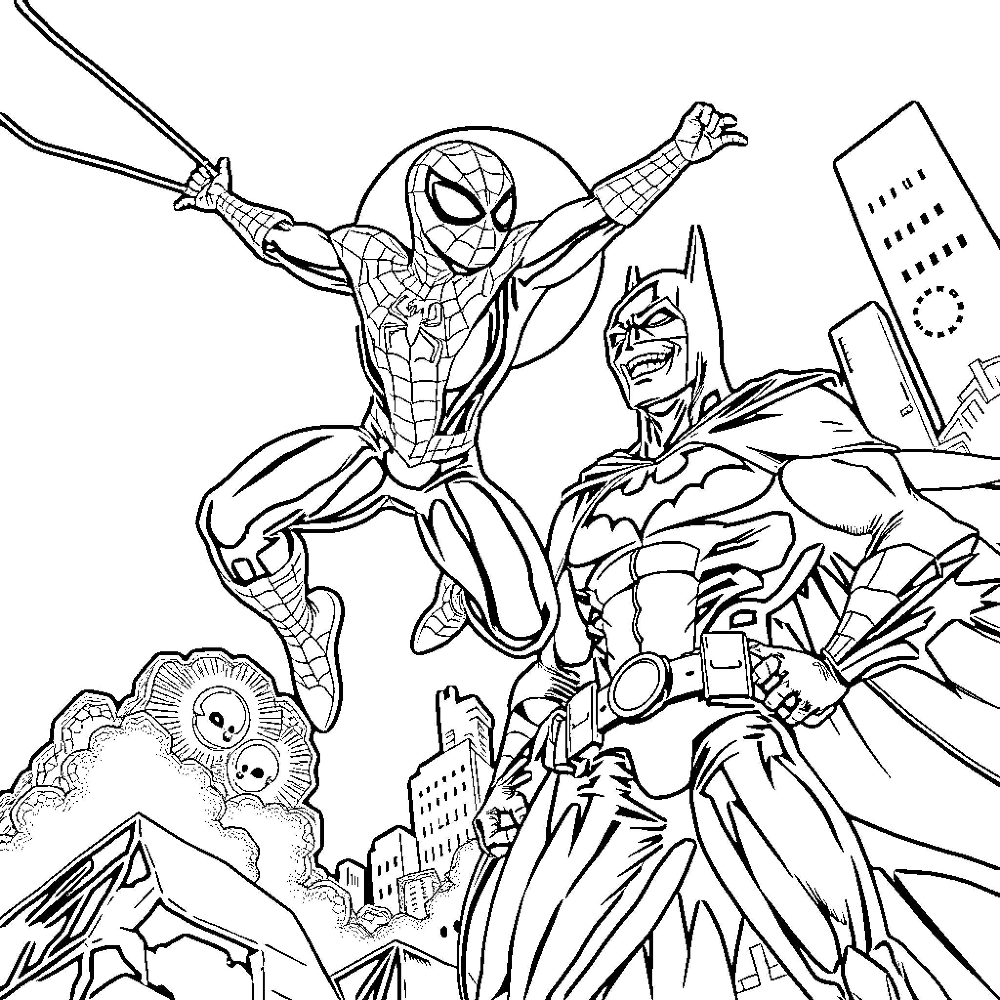 Superhero action in the city Coloring Page (free black-and-white line drawing printable PDF for all, from beginners to advanced learners, including children, teens, adults, and seniors)