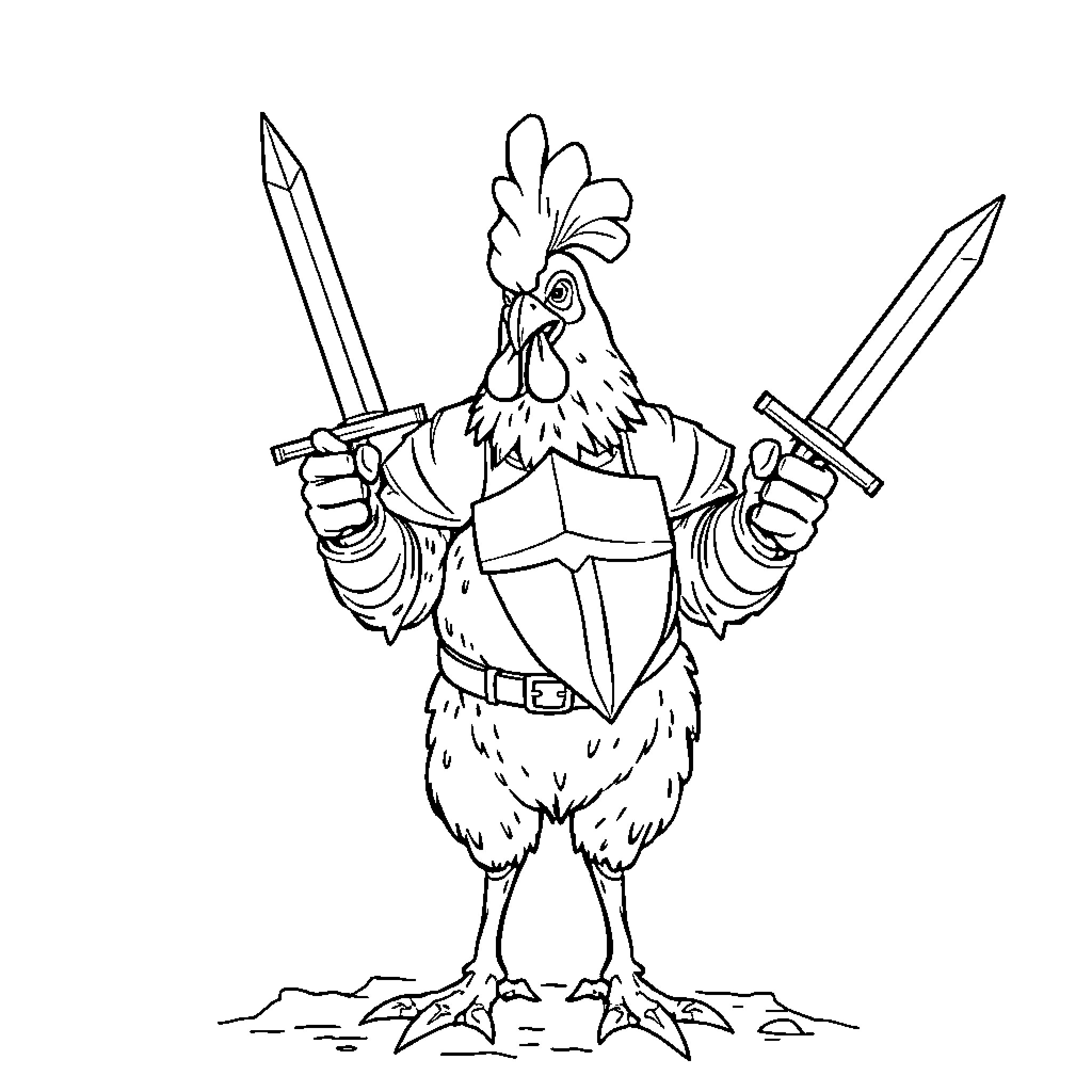 Chicken warrior wielding swords in battle Coloring Page (free black-and-white line drawing printable PDF for all, from beginners to advanced learners, including children, teens, adults, and seniors)