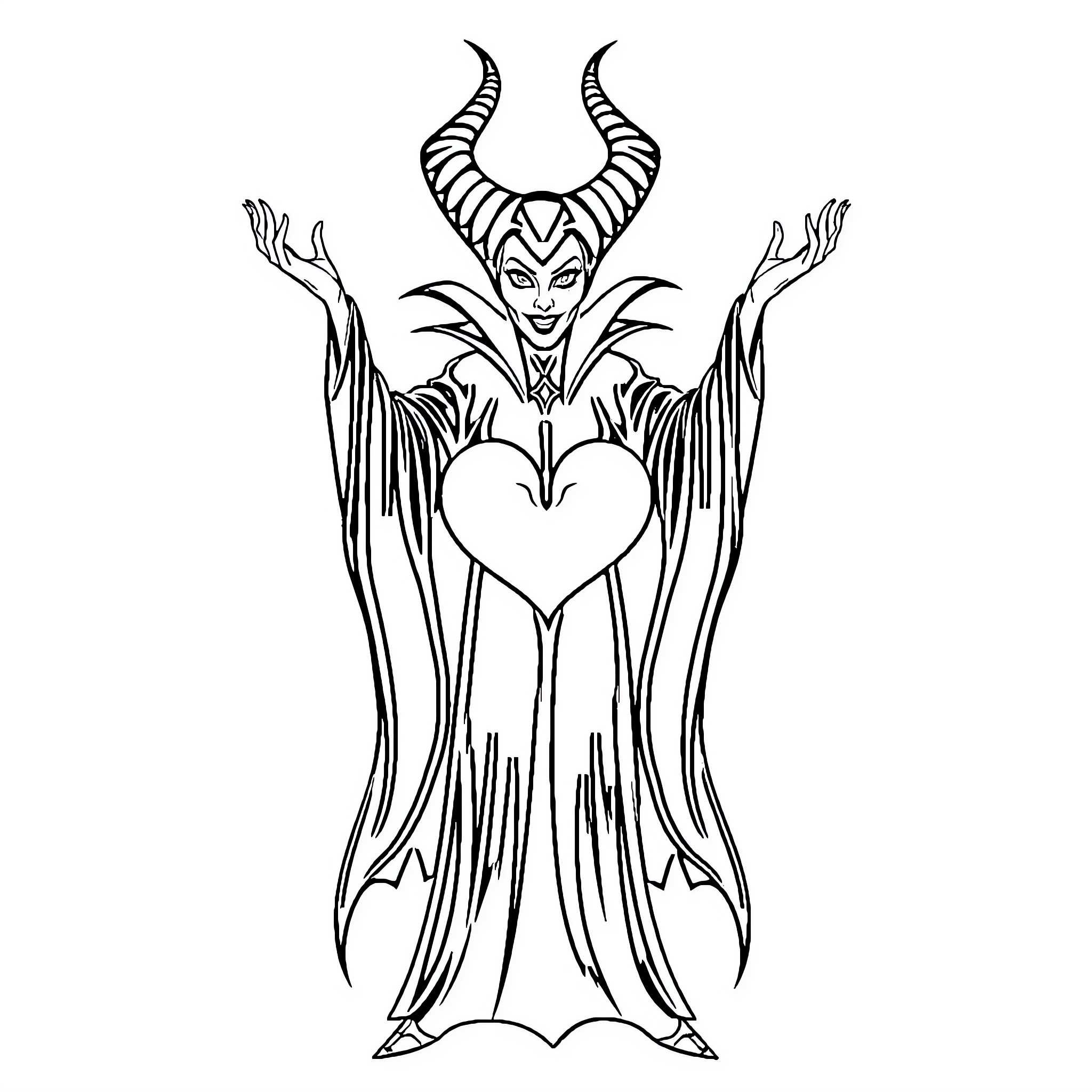 Maleficent's Striking Silhouette and Commanding Pose Coloring Page (free black-and-white line drawing printable PDF for all, from beginners to advanced learners, including children, teens, adults, and seniors)