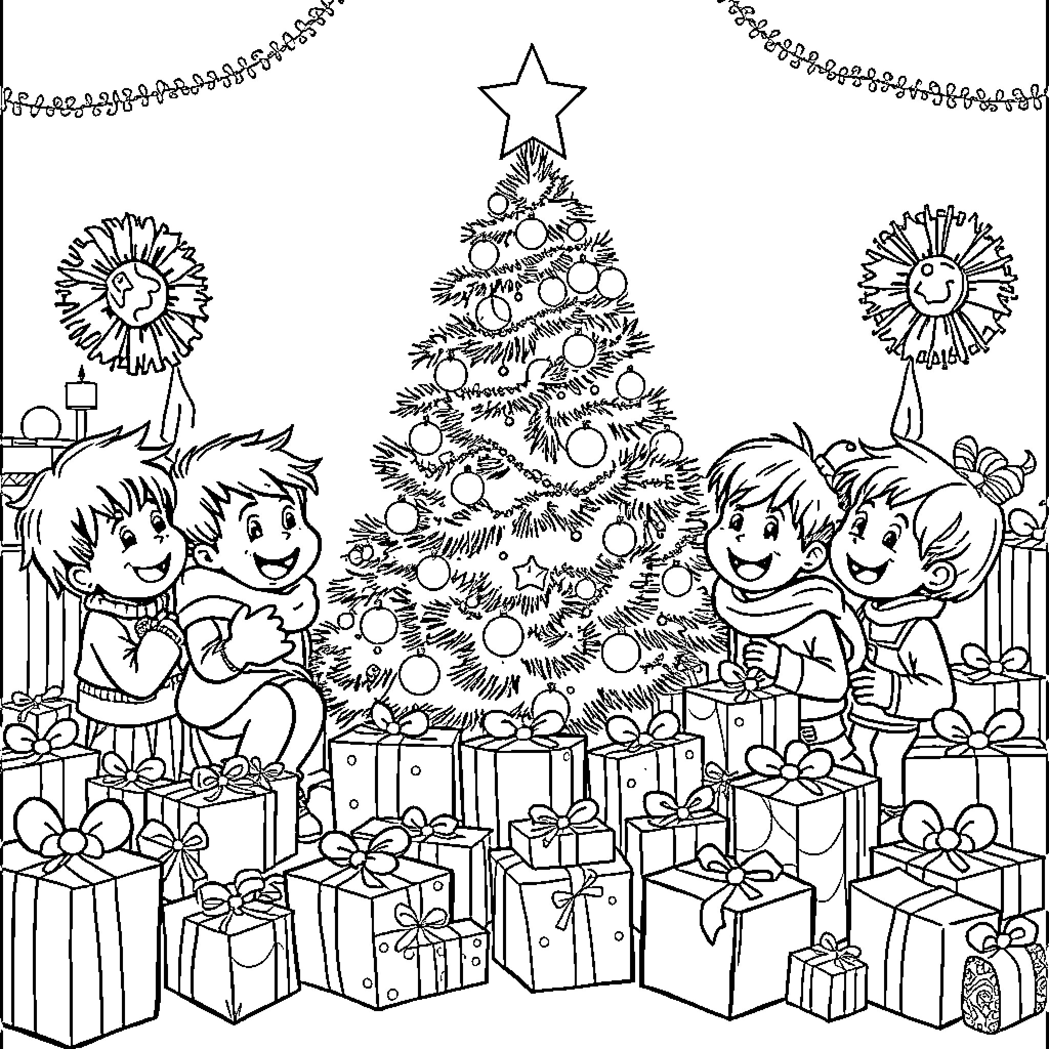 Kid celebrating Christmas with festive decorations Coloring Page (free black-and-white line drawing printable PDF for all, from beginners to advanced learners, including children, teens, adults, and seniors)