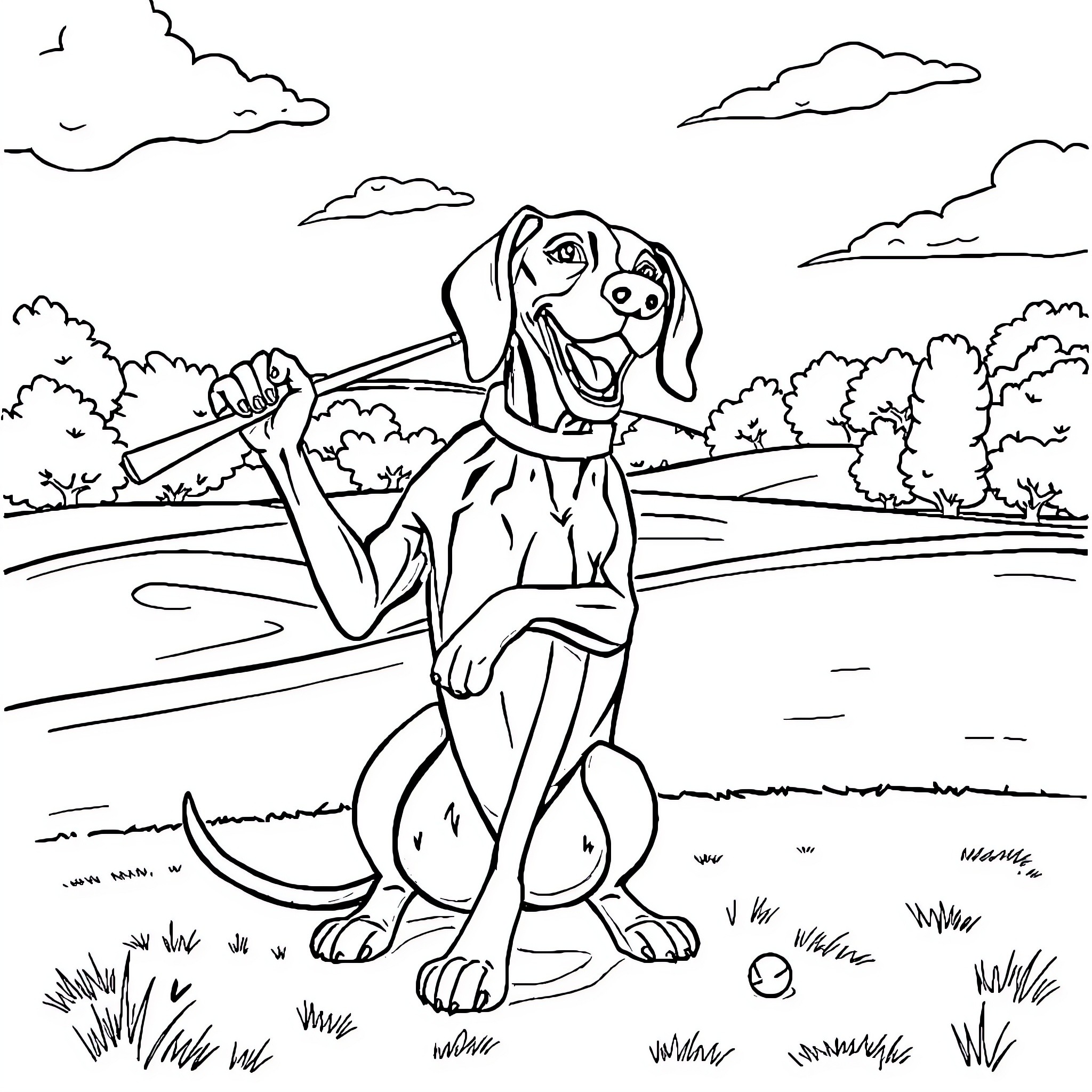 Weimaraner playing happily in the countryside Coloring Page (free black-and-white line drawing printable PDF for all, from beginners to advanced learners, including children, teens, adults, and seniors)