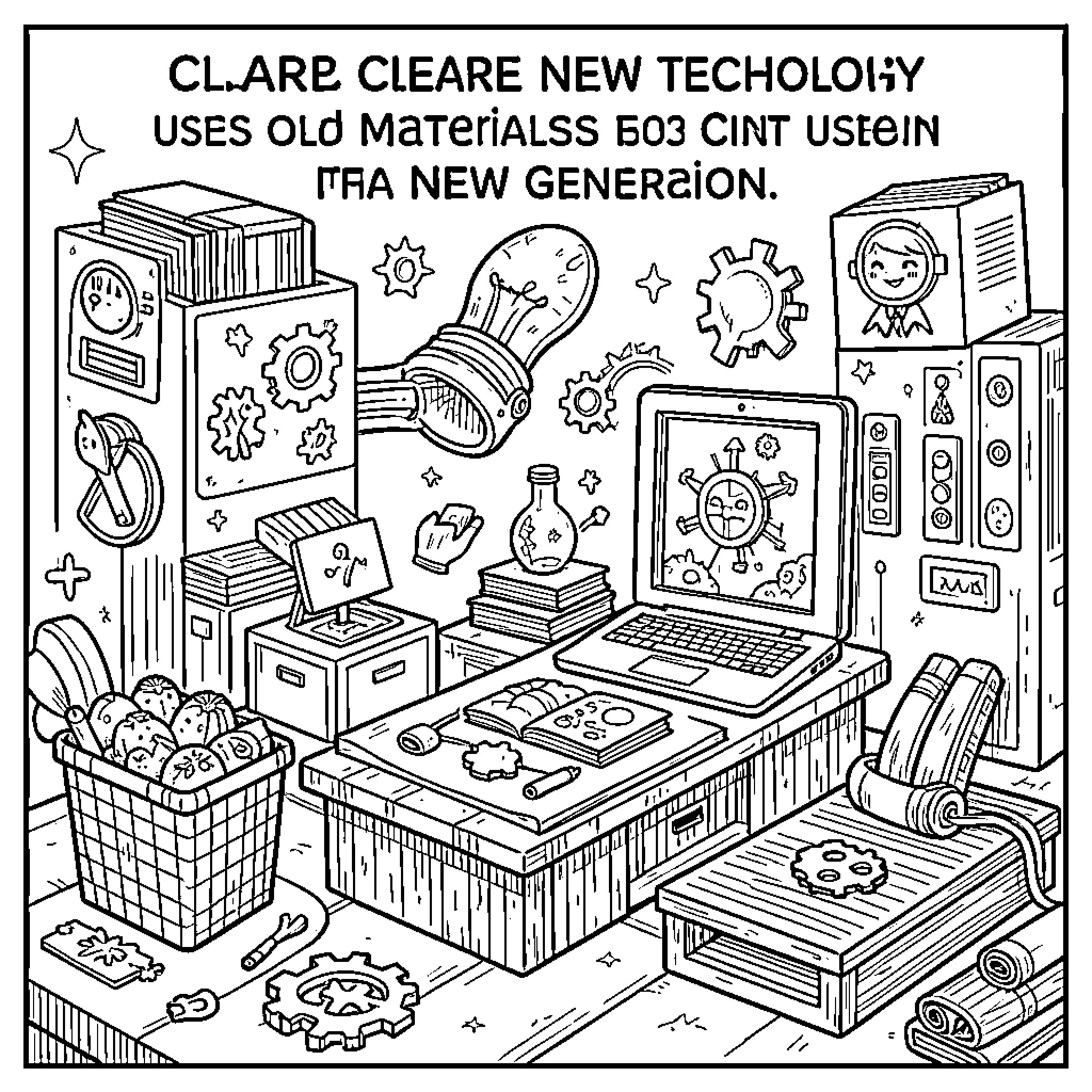 Technology being created using various mechanical parts and tools Coloring Page (free black-and-white line drawing printable PDF for all, from beginners to advanced learners, including children, teens, adults, and seniors)