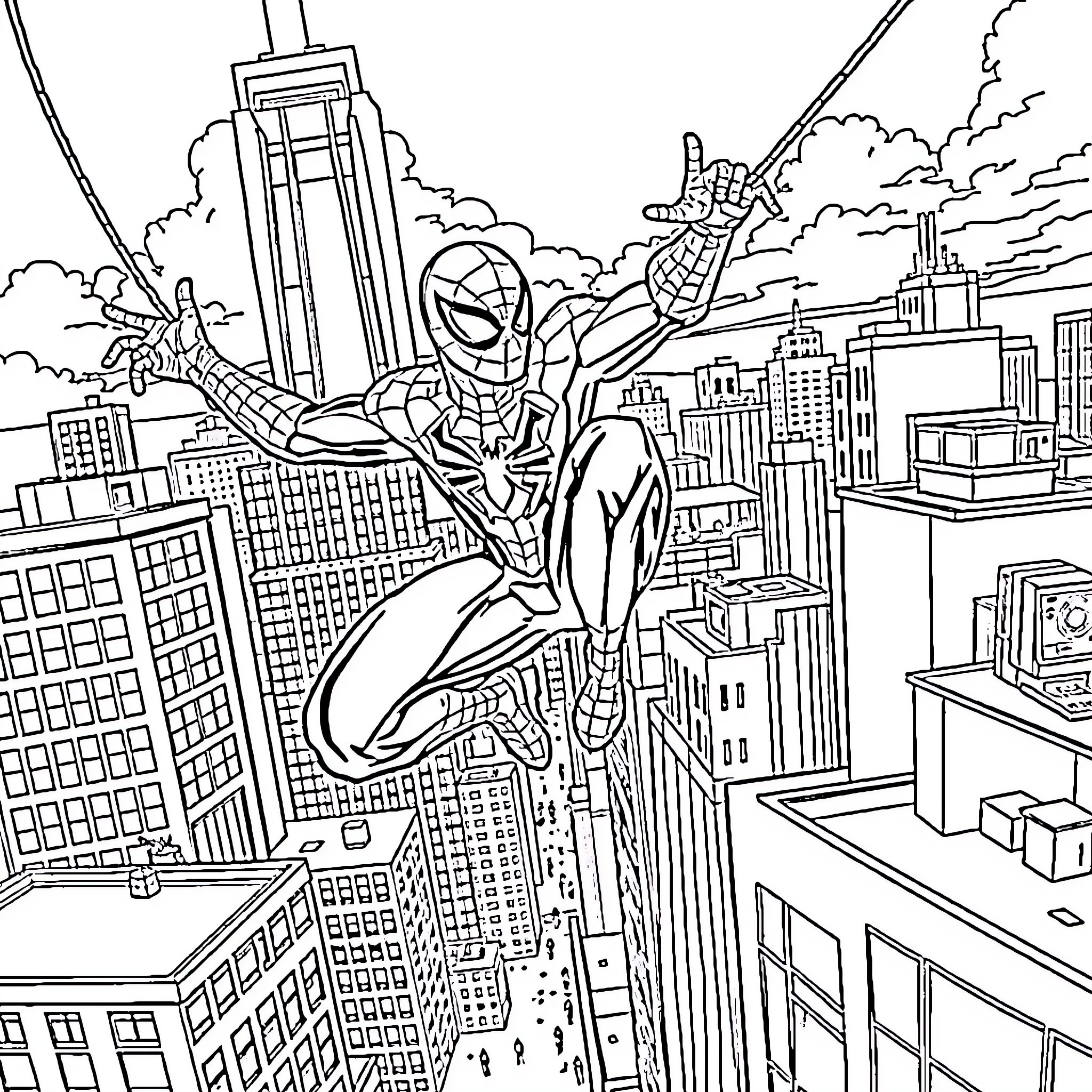 Spiderman swinging across the city skyline Coloring Page (free black-and-white line drawing printable PDF for all, from beginners to advanced learners, including children, teens, adults, and seniors)