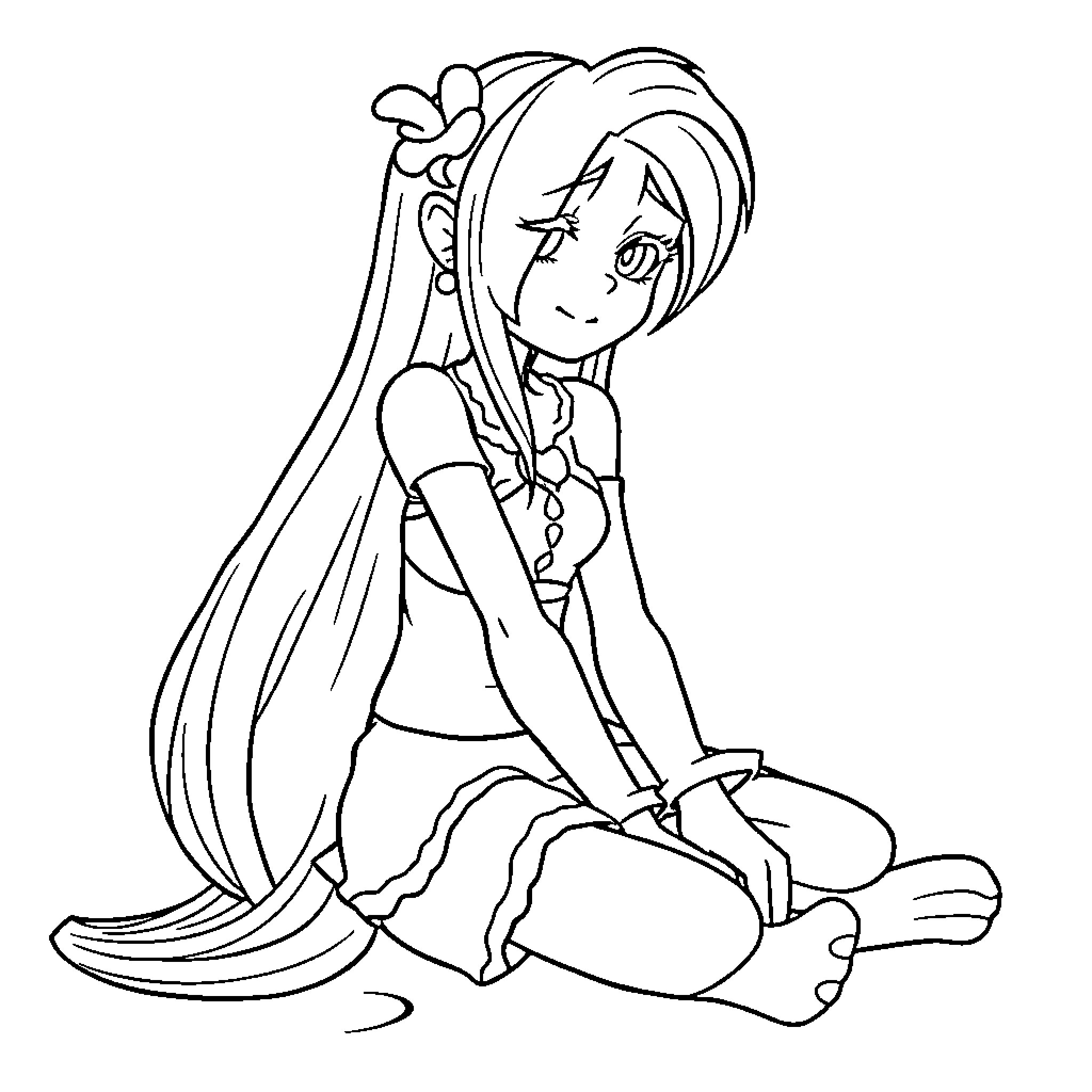 Jinx - Anime Girl with Flowing Hair Coloring Page (free black-and-white line drawing printable PDF for all, from beginners to advanced learners, including children, teens, adults, and seniors)