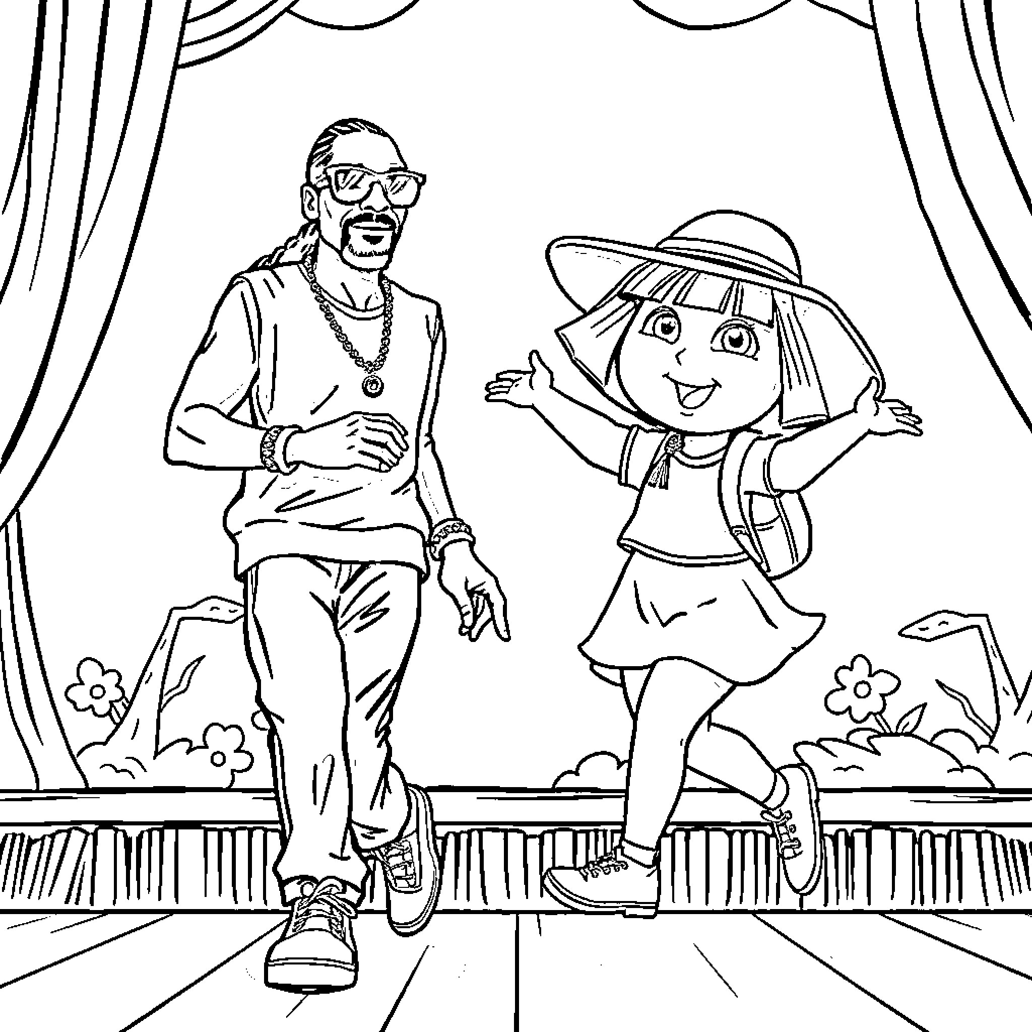 Snoop Dogg and Dora the Explorer performing on stage Coloring Page (free black-and-white line drawing printable PDF for all, from beginners to advanced learners, including children, teens, adults, and seniors)