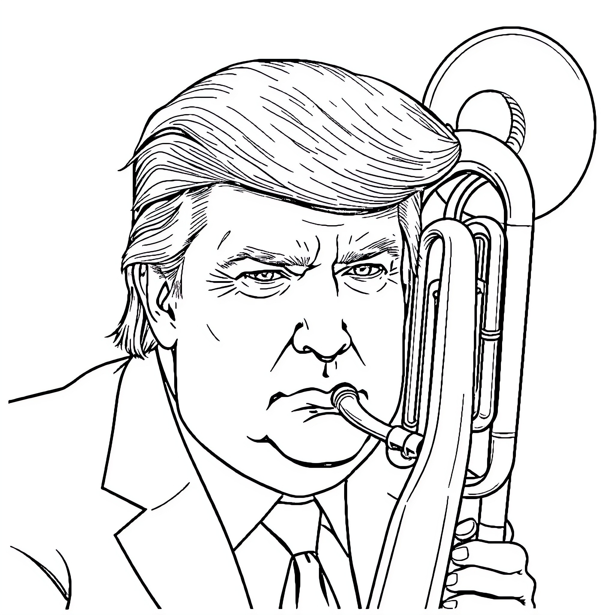 Trump Playing Trombone with Stern Expression Coloring Page (free black-and-white line drawing printable PDF for all, from beginners to advanced learners, including children, teens, adults, and seniors)