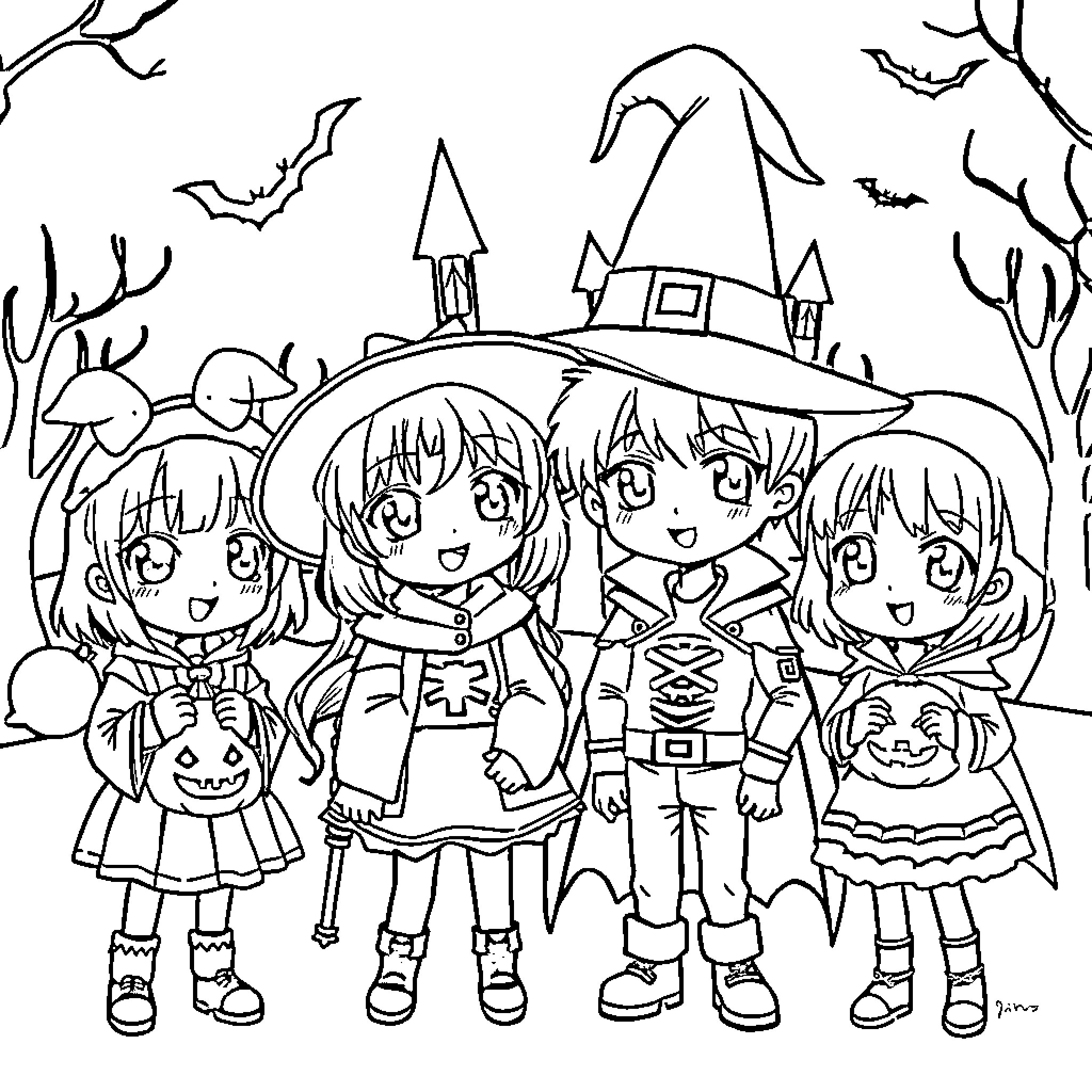 Anime Character group posing for Halloween Coloring Page (free black-and-white line drawing printable PDF for all, from beginners to advanced learners, including children, teens, adults, and seniors)