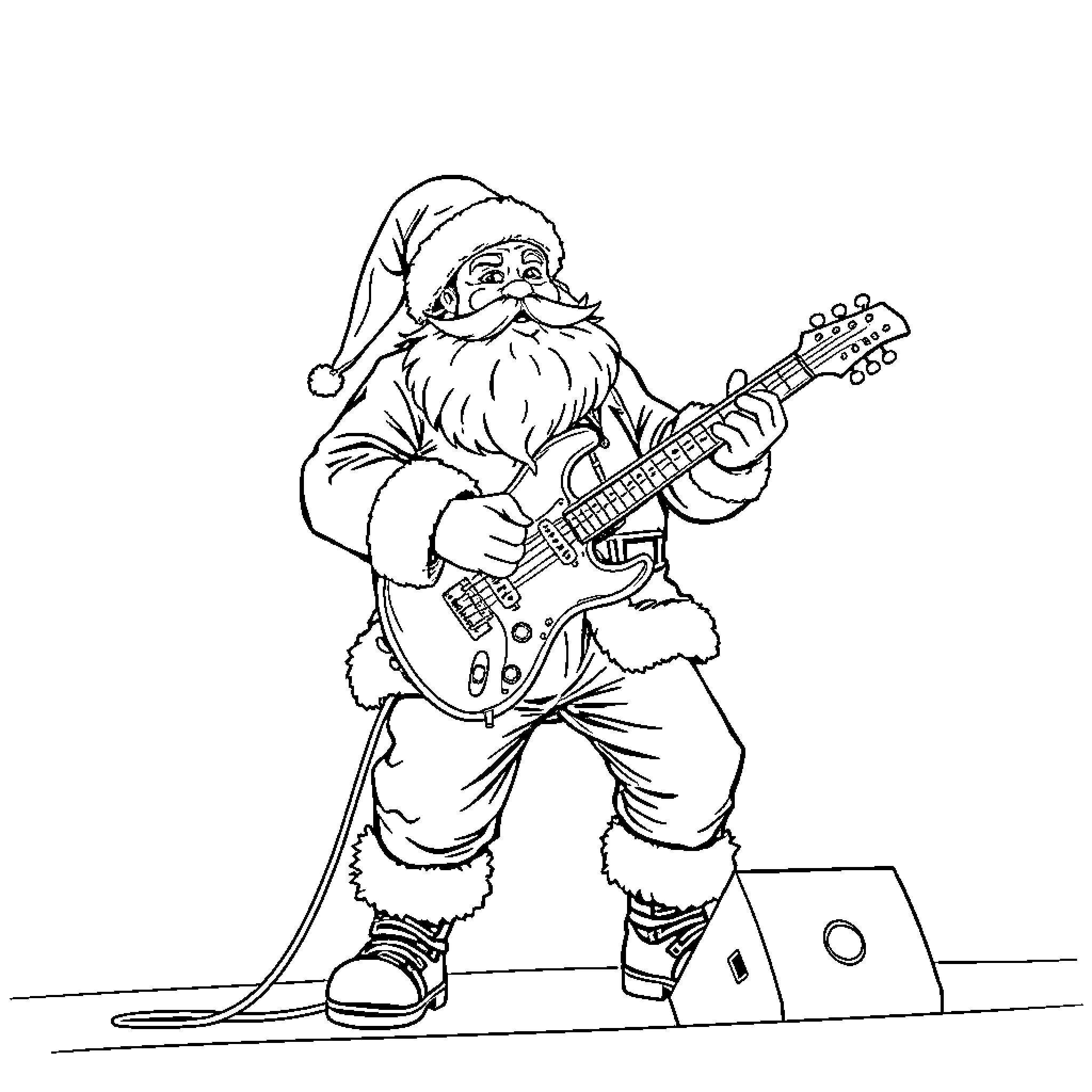 Santa playing electric guitar on stage Coloring Page (free black-and-white line drawing printable PDF for all, from beginners to advanced learners, including children, teens, adults, and seniors)