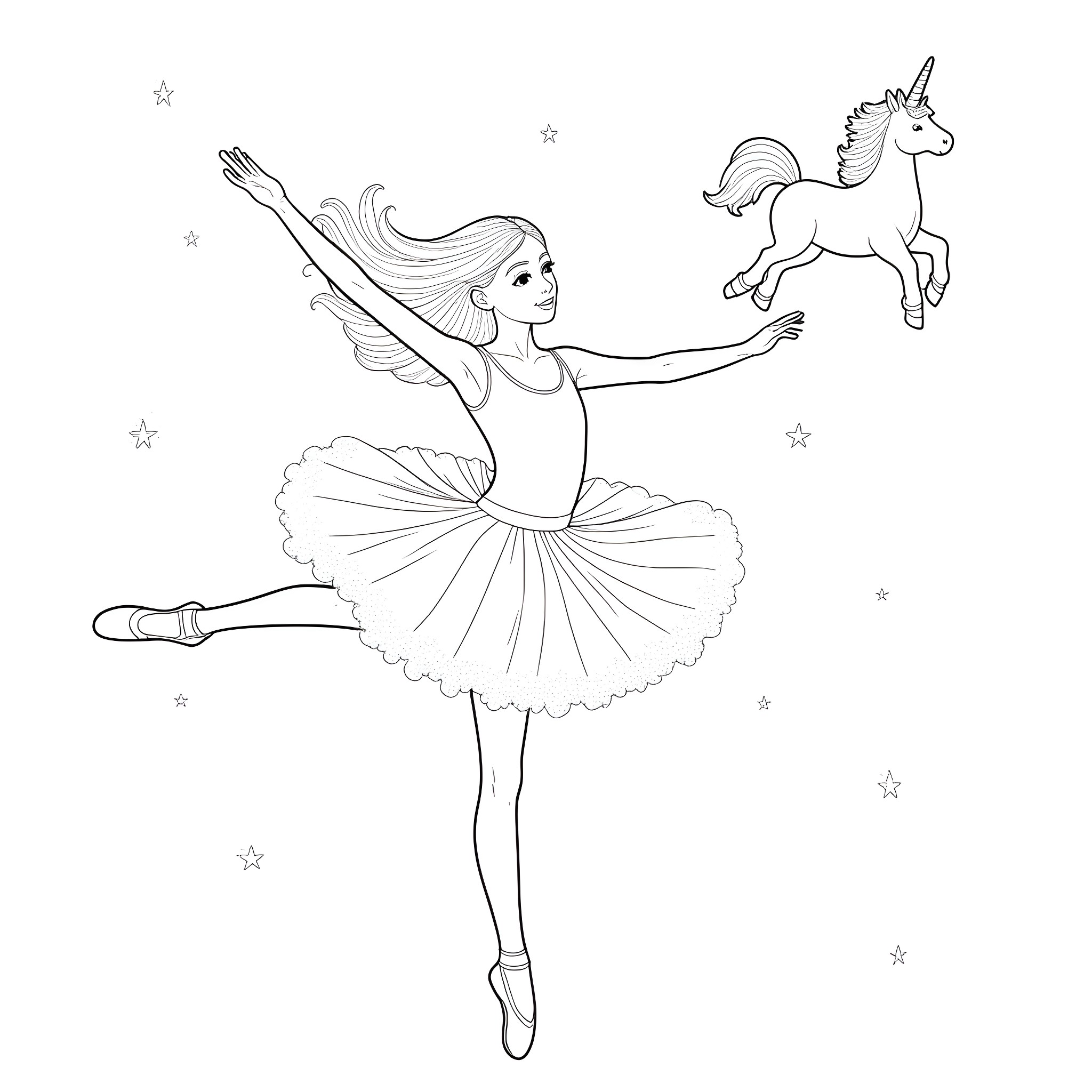 Girl dancing with unicorn in the stars Coloring Page (free black-and-white line drawing printable PDF for all, from beginners to advanced learners, including children, teens, adults, and seniors)