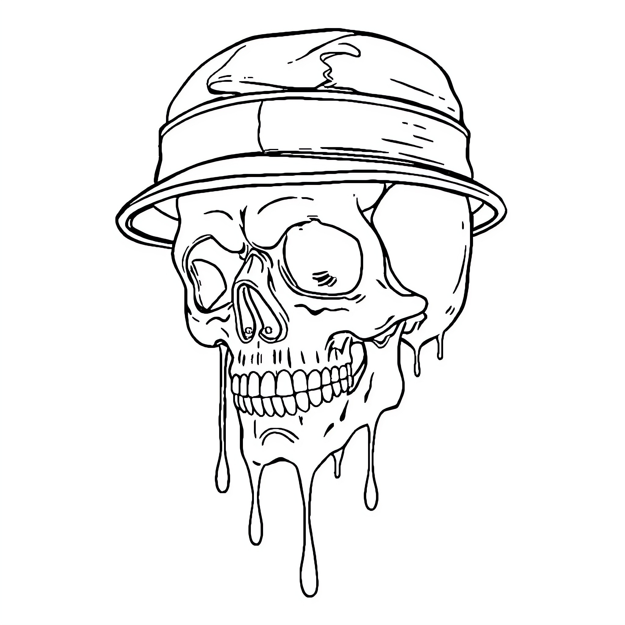 Skull in melting military helmet Coloring Page (free black-and-white line drawing printable PDF for all, from beginners to advanced learners, including children, teens, adults, and seniors)