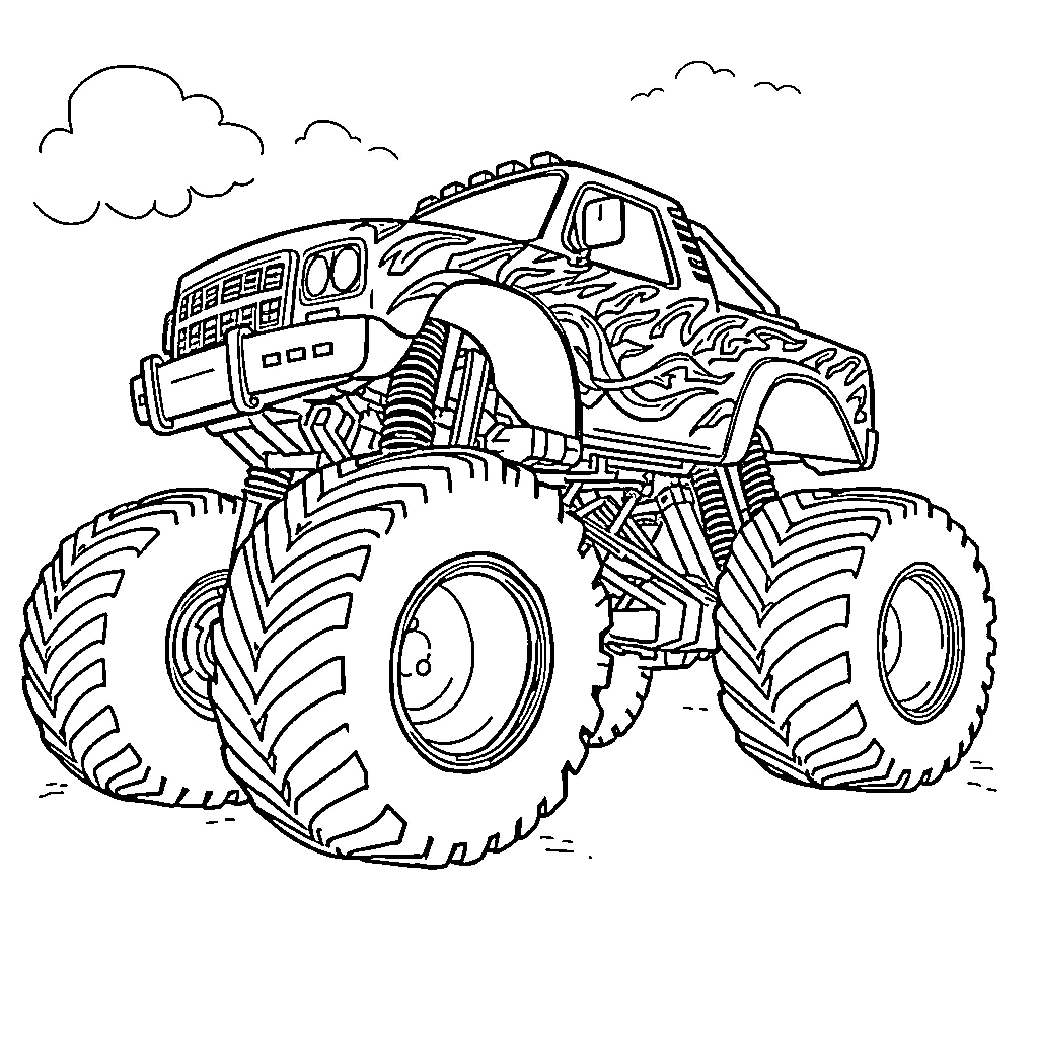Monster Truck with Fierce Graphics and Massive Tires Coloring Page (free black-and-white line drawing printable PDF for all, from beginners to advanced learners, including children, teens, adults, and seniors)