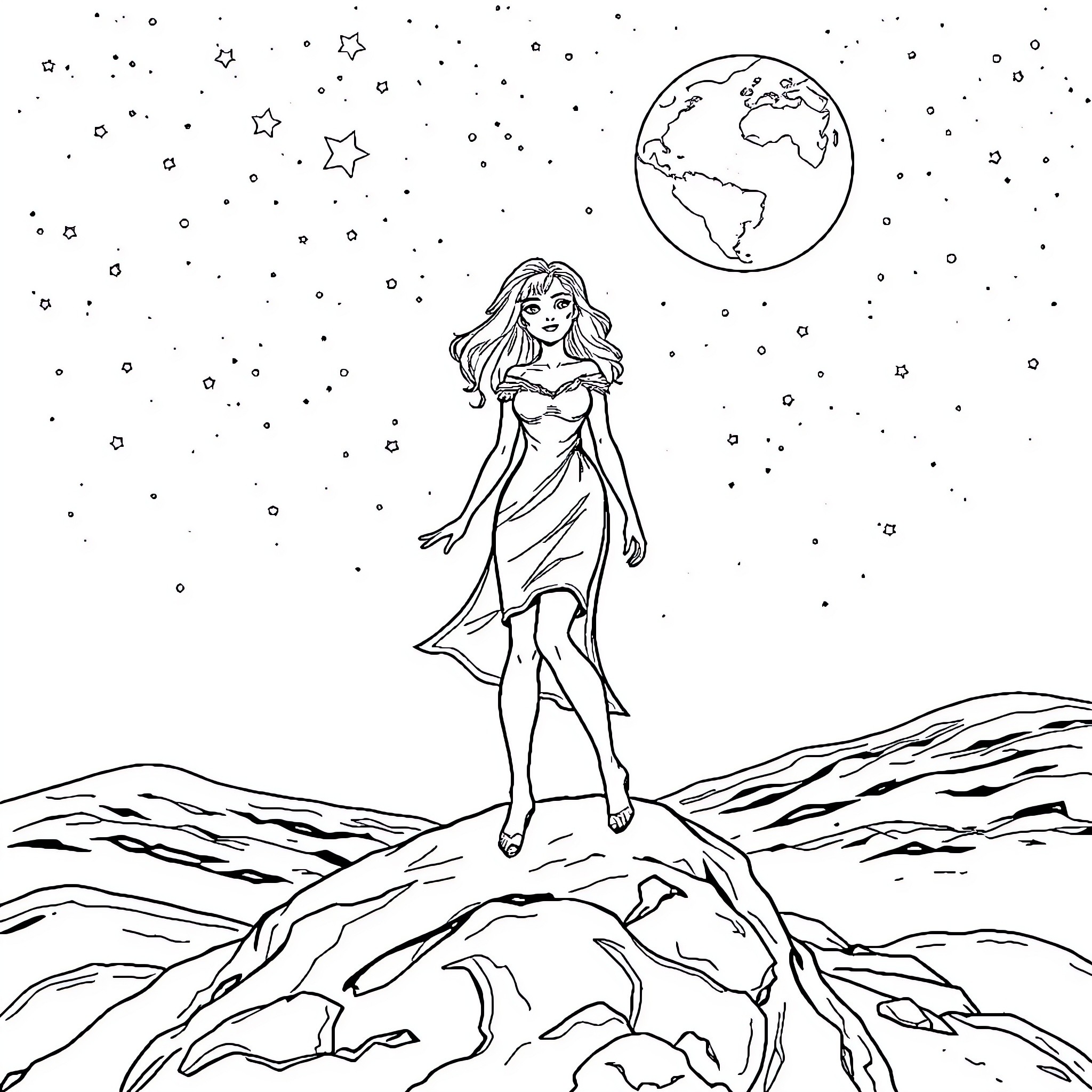 Violet Myers exploring the celestial world Coloring Page (free black-and-white line drawing printable PDF for all, from beginners to advanced learners, including children, teens, adults, and seniors)