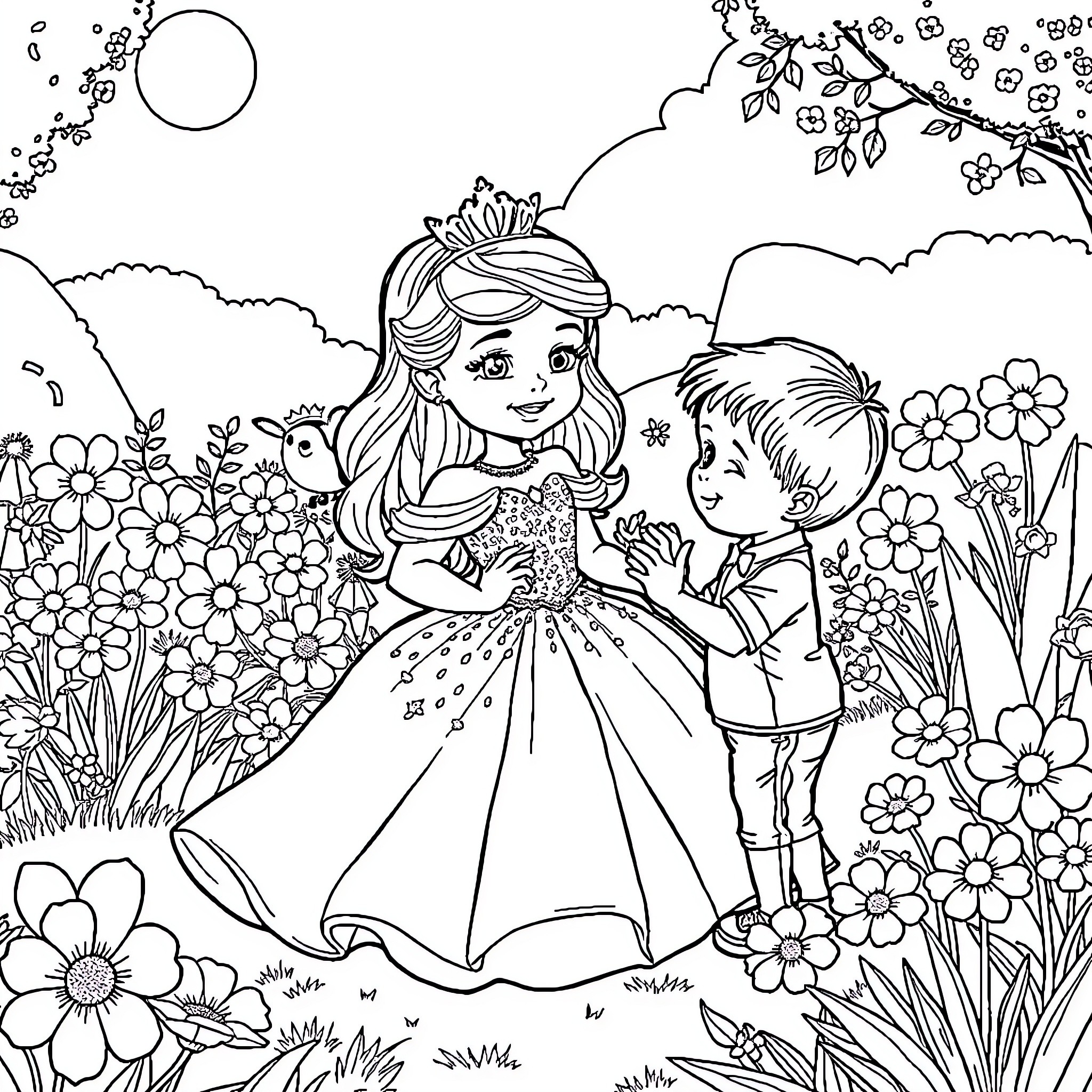 Princess in Enchanted Flower Garden with Friend Coloring Page (free black-and-white line drawing printable PDF for all, from beginners to advanced learners, including children, teens, adults, and seniors)