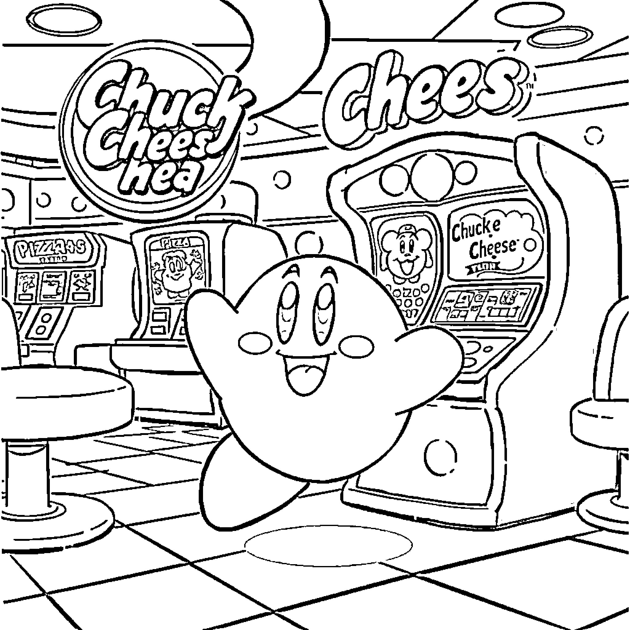 Kirby in a Cheesy Arcade Adventure Coloring Page (free black-and-white line drawing printable PDF for all, from beginners to advanced learners, including children, teens, adults, and seniors)