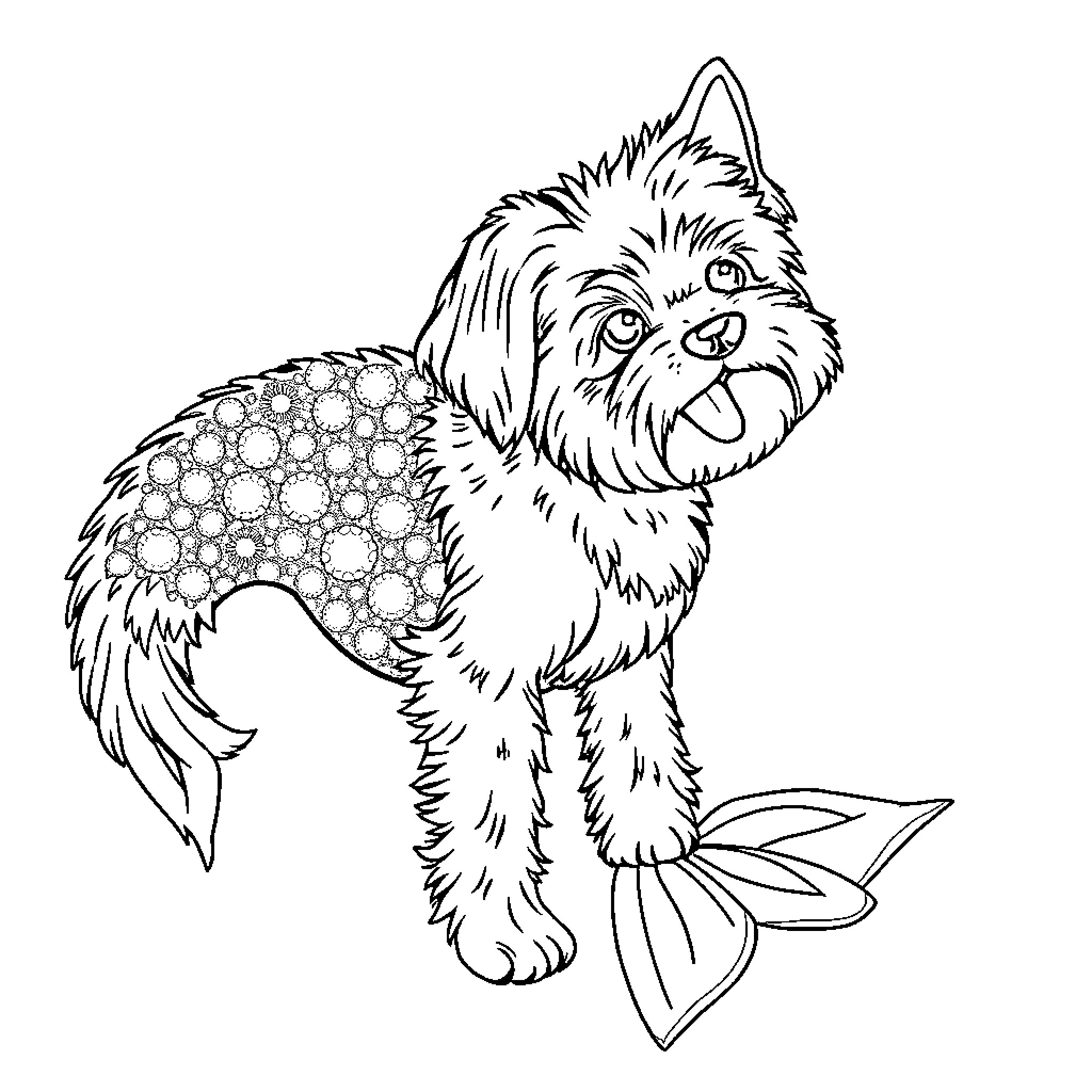 Mermaid Dog playing with bubbles and seashells Coloring Page (free black-and-white line drawing printable PDF for all, from beginners to advanced learners, including children, teens, adults, and seniors)